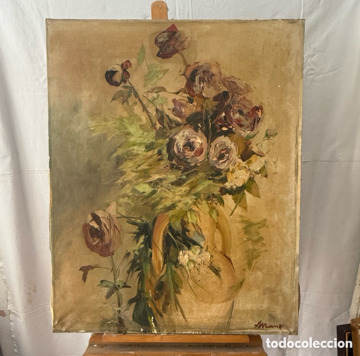 Arte: Josep Miquel Serrano i Serra 1912 1982 Flores mediterr&aacute;neas &oacute;leo sobre lienzo gran formato(81X65 cm)