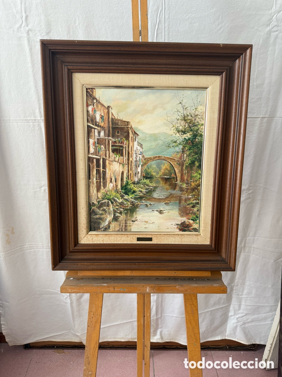 Arte: Joan Cantal paisaje de pueblo &oacute;leo sobre lienzo firmado enmarcado escuela catalana