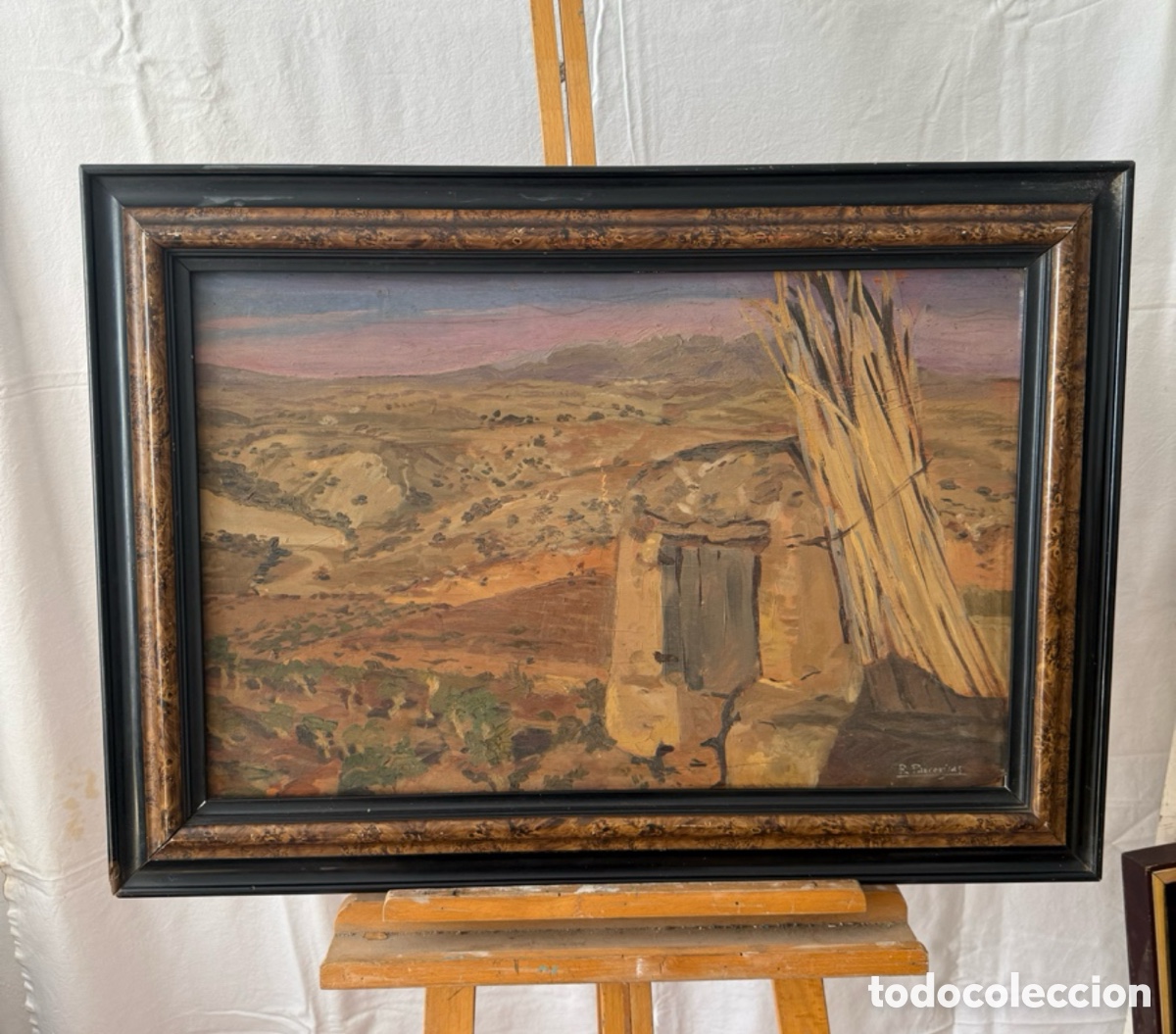 Arte: &Oacute;leo sobre tablex paisaje rural firmado R.Parcerisas enmarcado escuela espa&ntilde;ola siglo XX