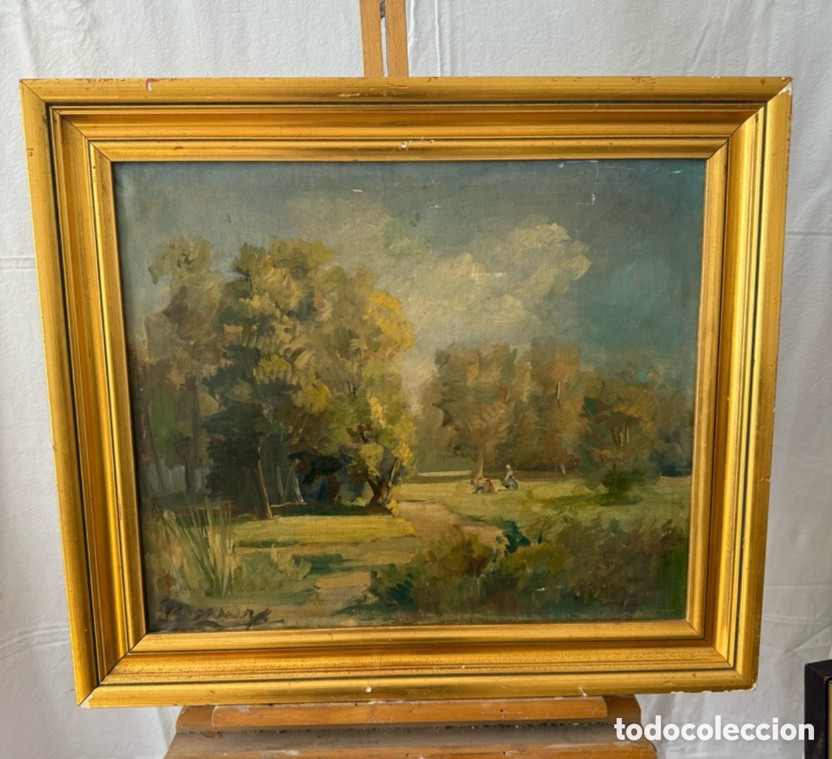 Arte: &Oacute;leo sobre lienzo paisaje con figuras firmado enmarcado escuela catalana siglo XX