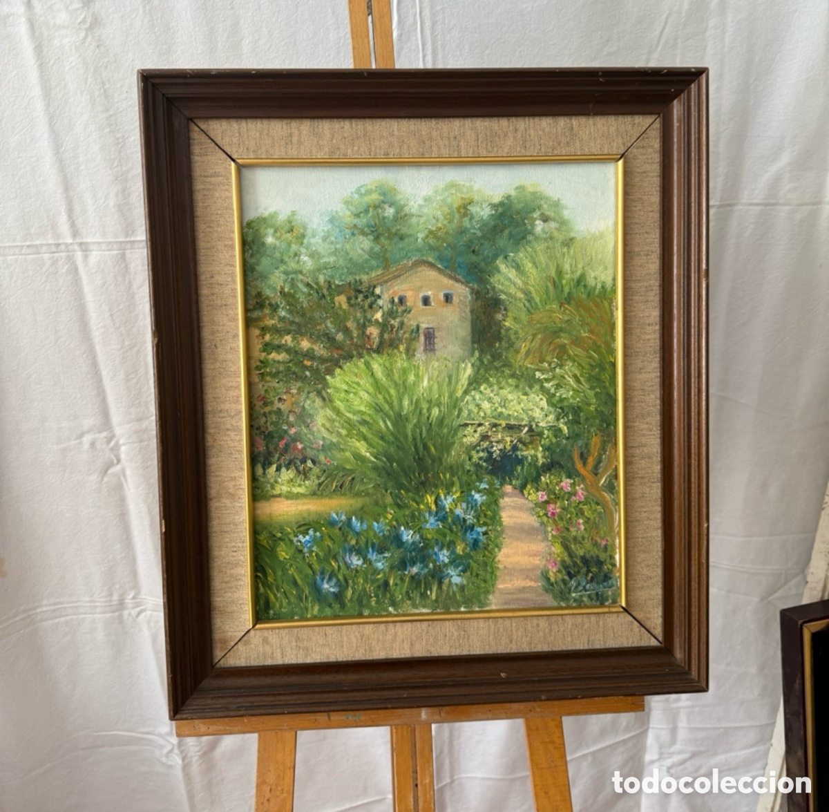 Arte: &Oacute;leo sobre lienzo paisaje jard&iacute;n con casa firmado escuela espa&ntilde;ola siglo XX