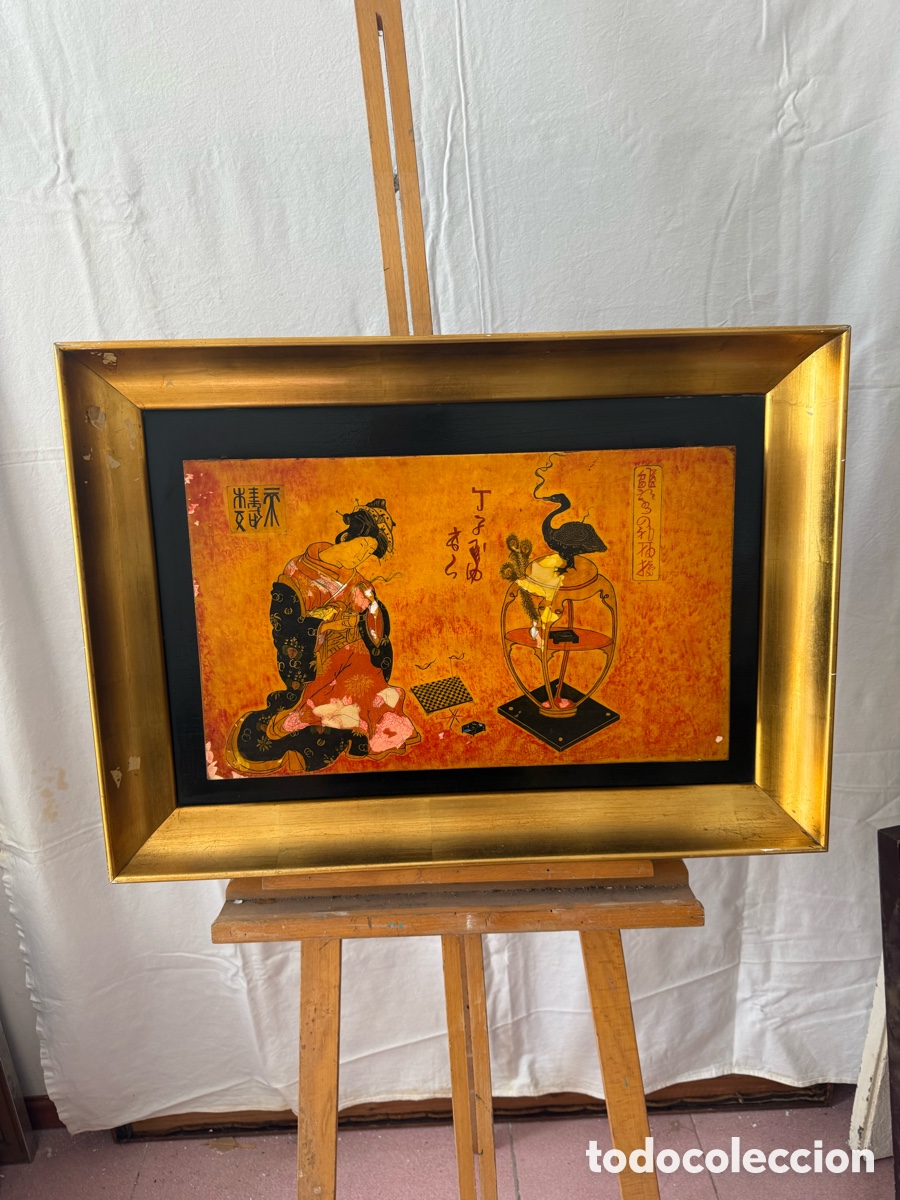Arte: &Oacute;leo sobre tablex oriental firmado geisha y grulla firmado