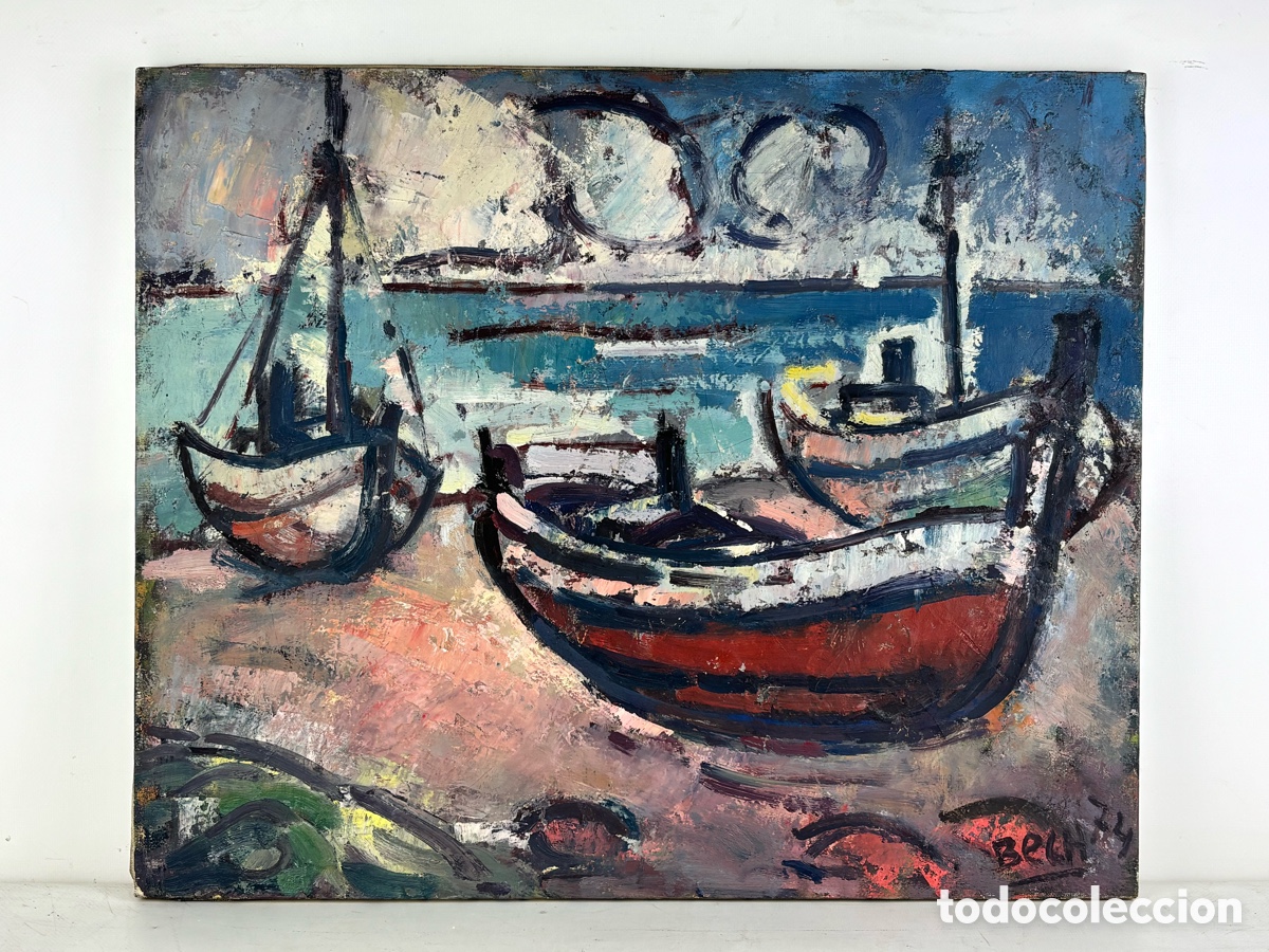 Arte: PERE BECH SUDRI&Aacute; (FIGUERES,1920)- BARCAS EN LA PLAYA - OLEO LIENZO