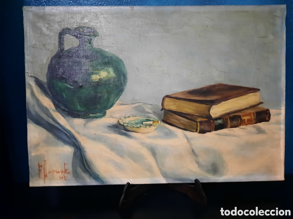 Arte: &Oacute;LEO SOBRE LIENZO - PEROL CON LIBROS Y CENICERO - FIRMADO FERMIN DURANTE