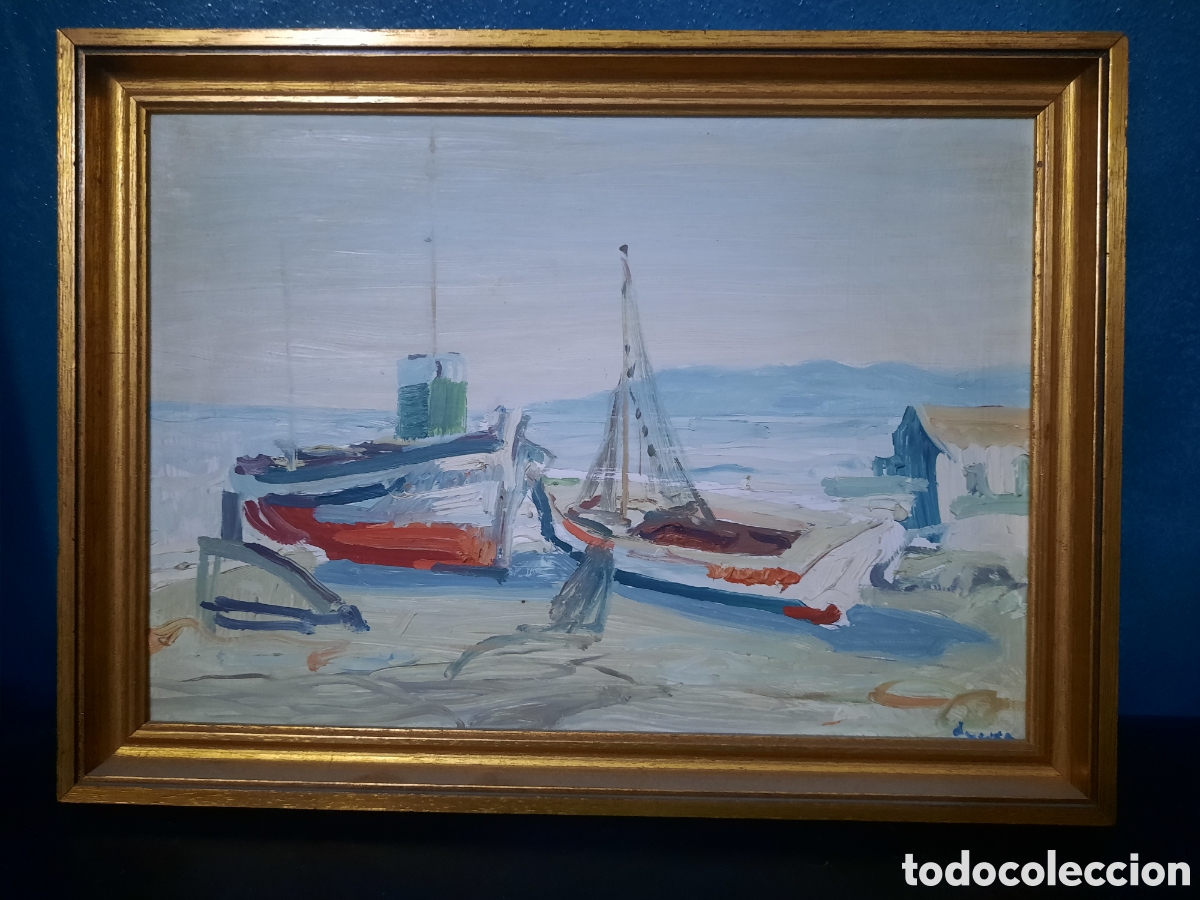 Arte: &Oacute;LEO SOBRE TABLA - BARCOS DE PESCA EN LA ORILLA - FIRMADO AYUSO