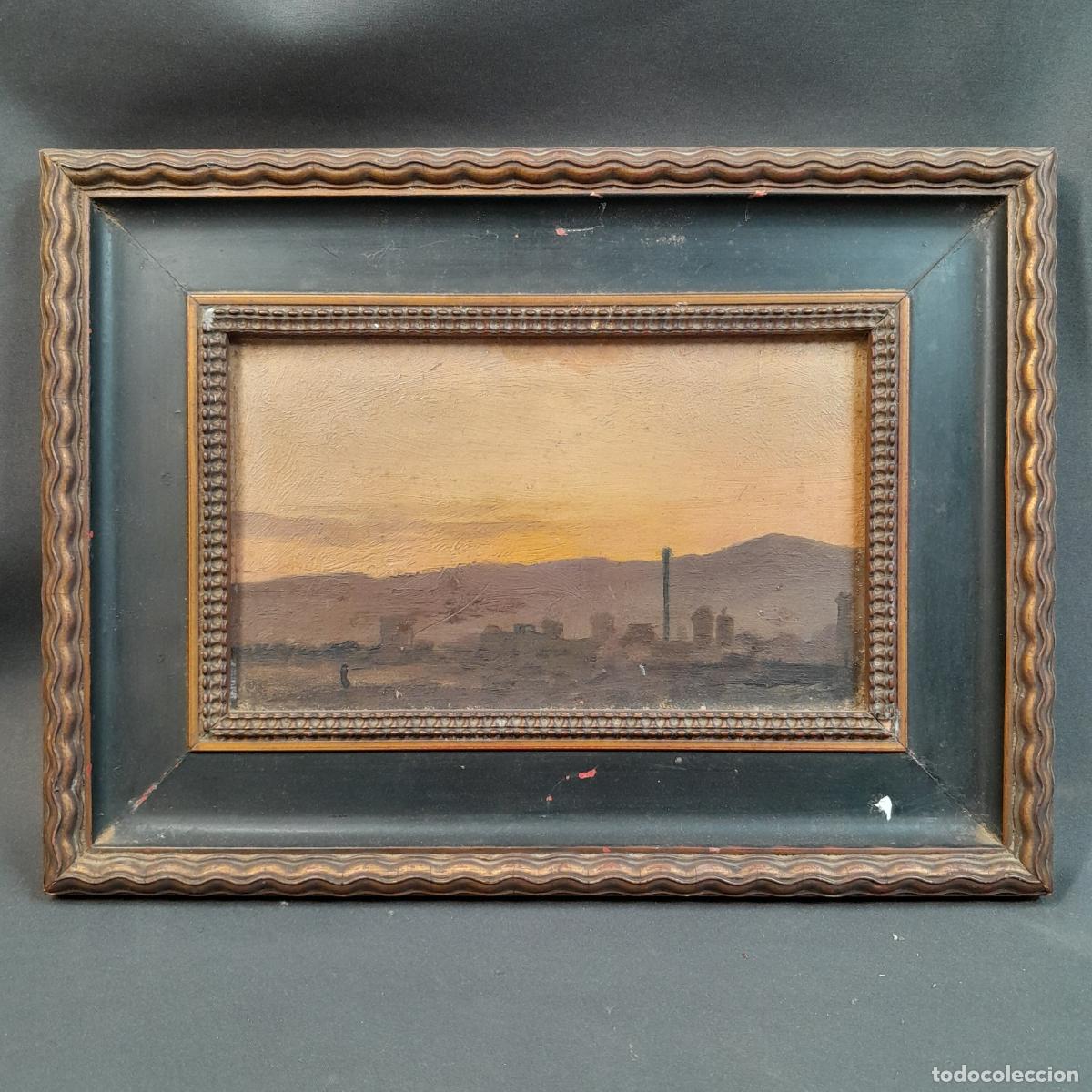 Arte: D-322. AN&Oacute;NIMO. &Oacute;LEO SOBRE TABLA. PAISAJE AL ATARDECER. PRINCIPIOS S. XX.