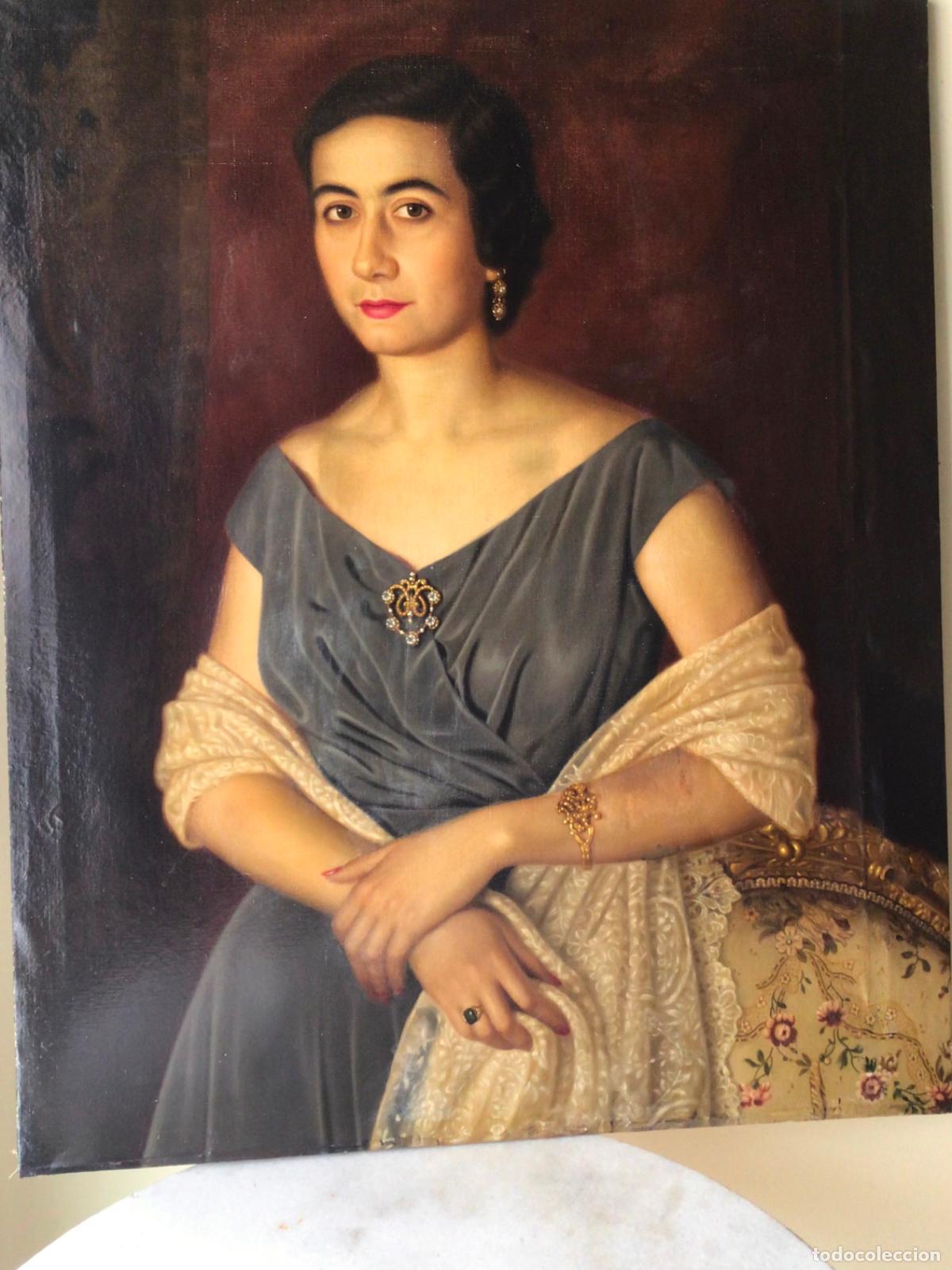 Arte: ANTIGUO OLEO SOBRE LIENZO, RETRATO ESPA&Ntilde;OL DE DAMA CON JOYAS
