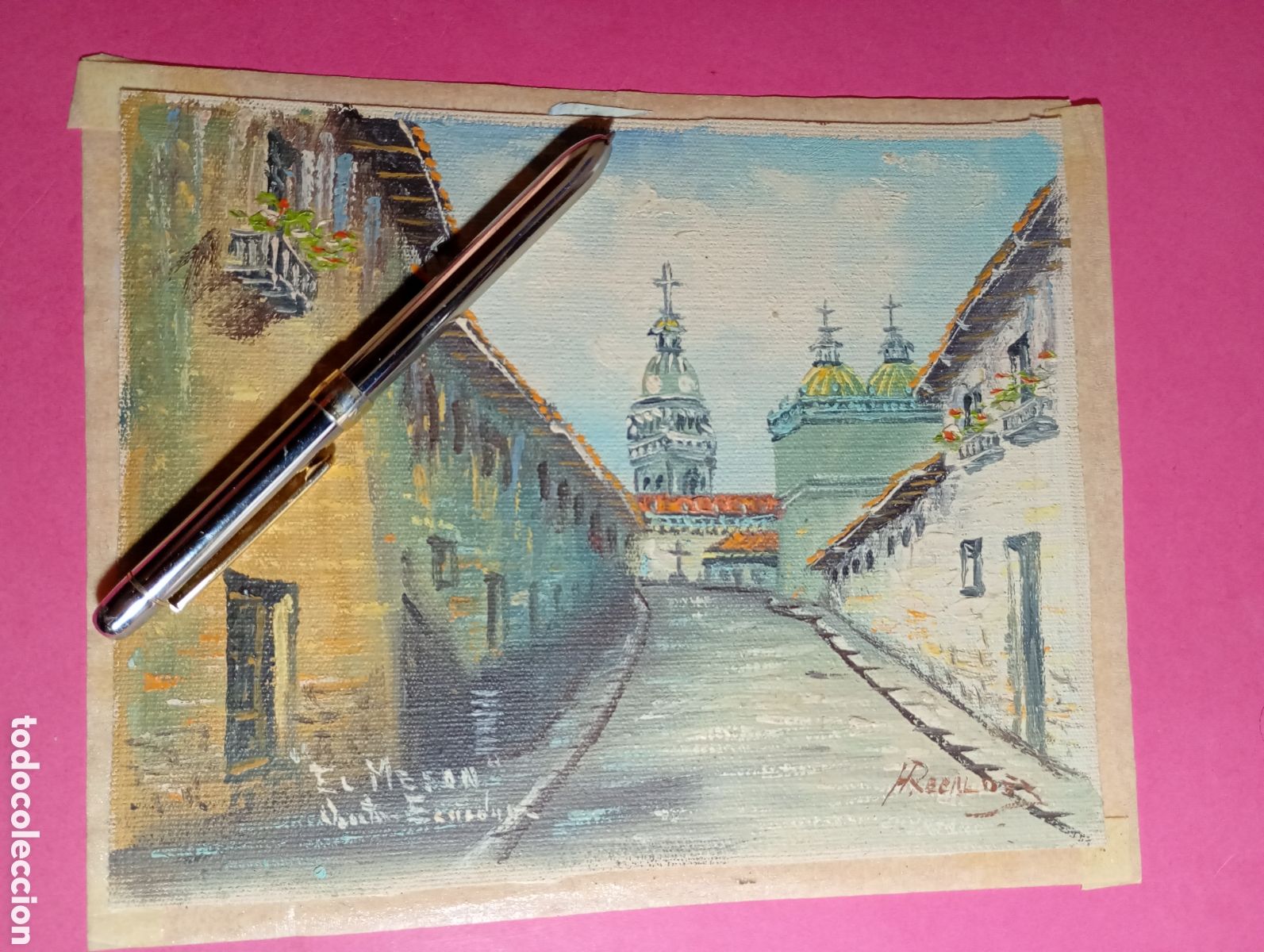 Arte: &Oacute;leo sobre Lienzo &rdquo;El Mes&oacute;n&rdquo; - J. Recalde - Paisaje Urbano con C&uacute;pulas y Torres (Miniatura)