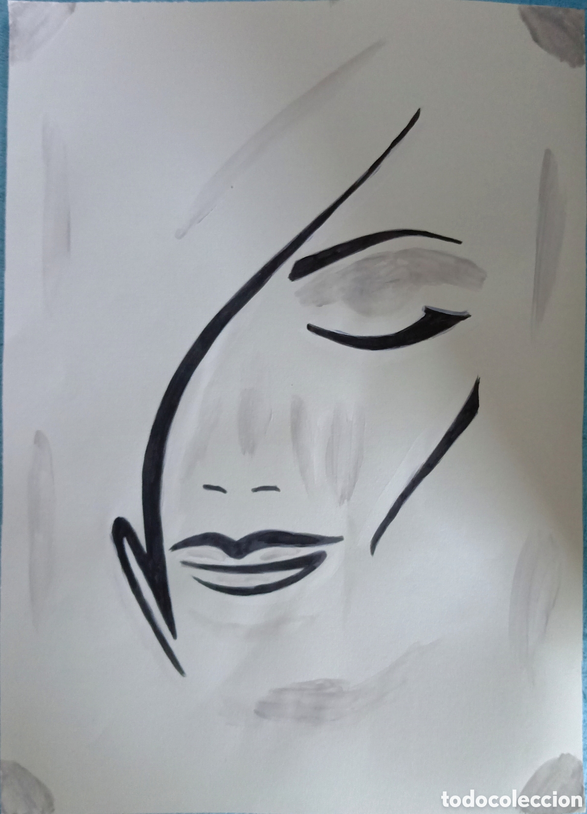 Arte: Original pintura cara rasgos linea (7) (t&eacute;cnica mixta) acuarela y acr&iacute;lico sobre papel 30,5cm x 21,5