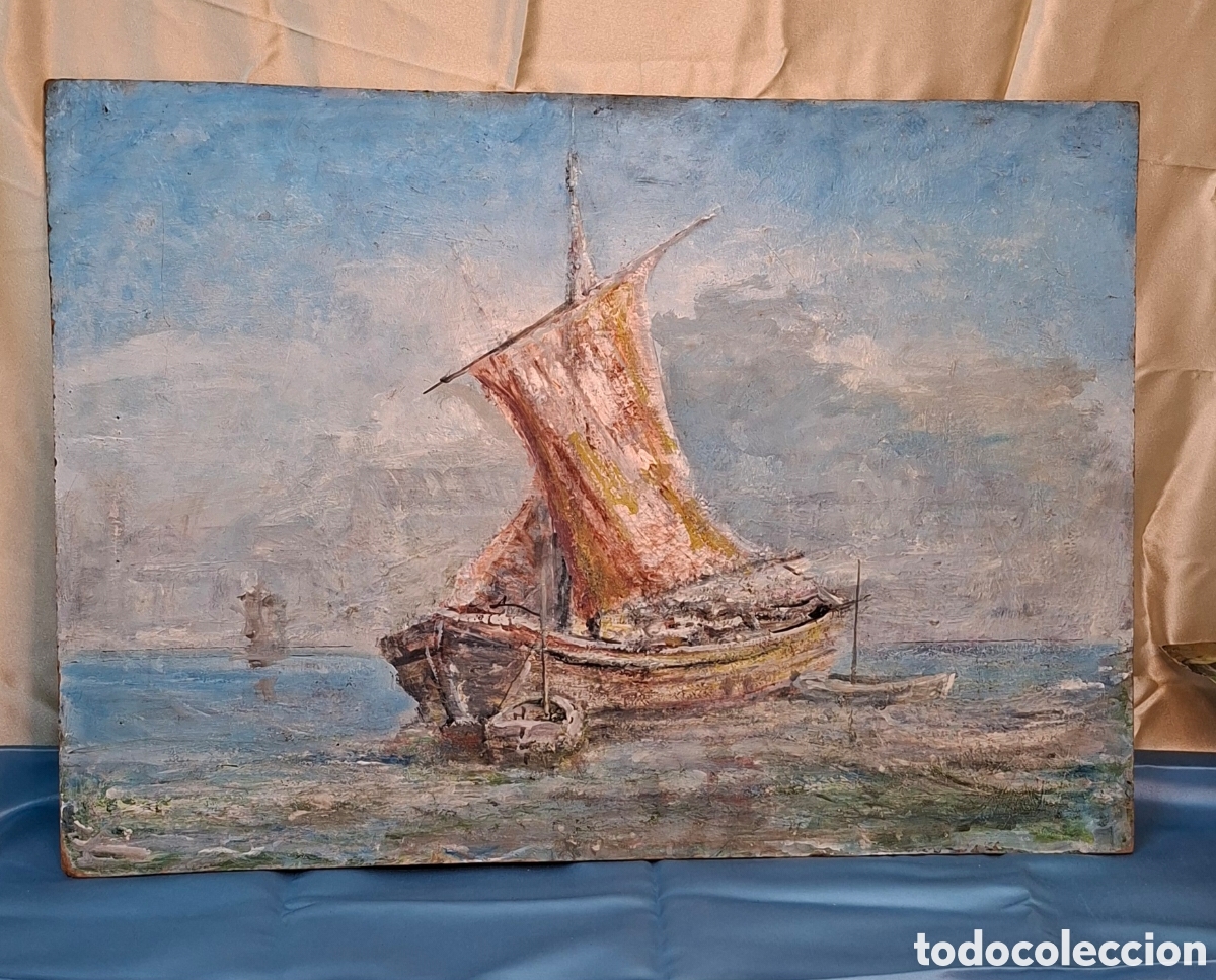Arte: &Oacute;leo sobre tabla S.XIX Barco - Foto 2