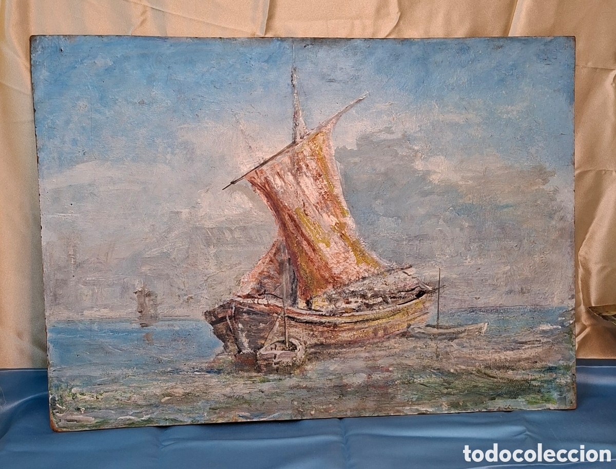 Arte: &Oacute;leo sobre tabla S.XIX Barco - Foto 3