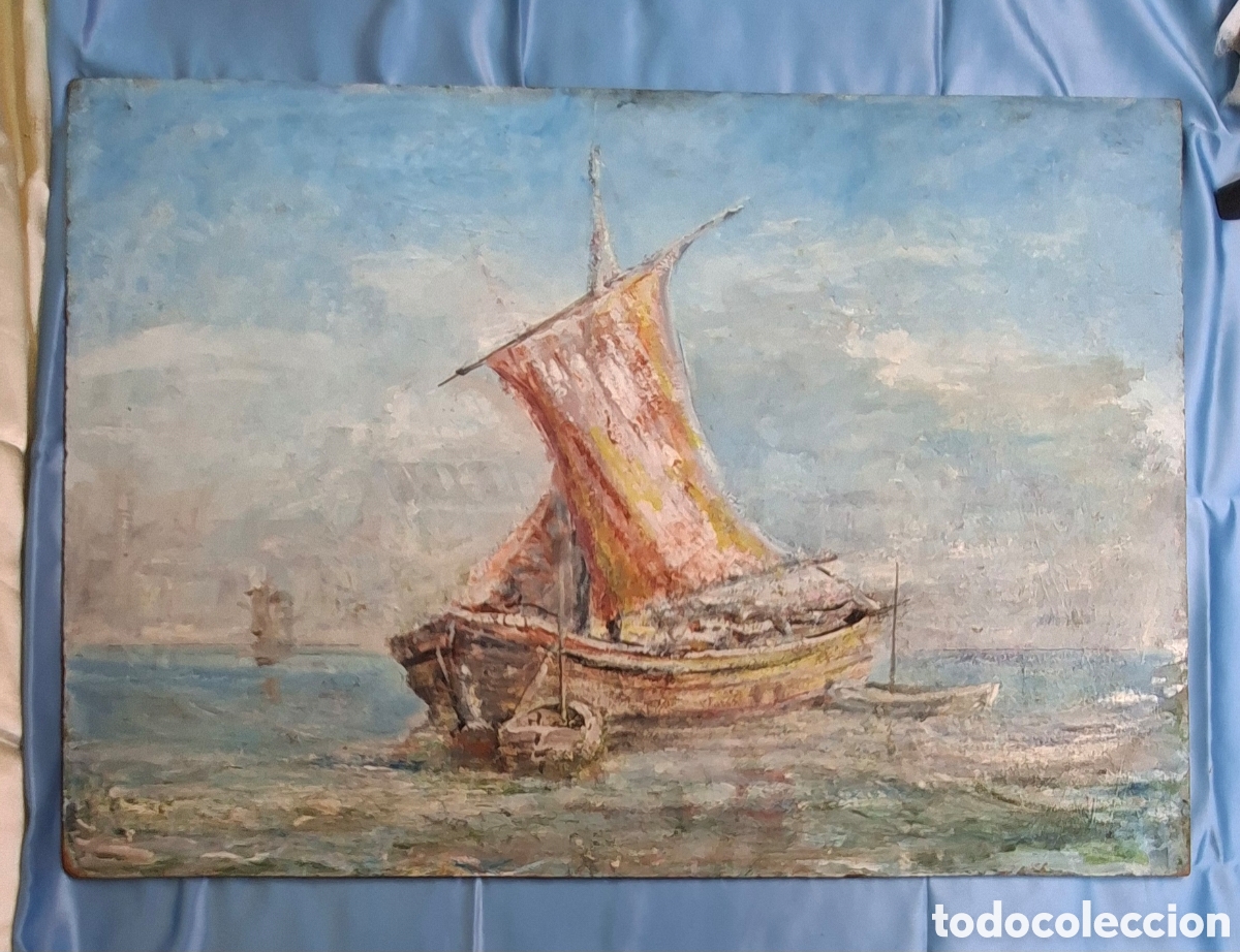 Arte: &Oacute;leo sobre tabla S.XIX Barco - Foto 5