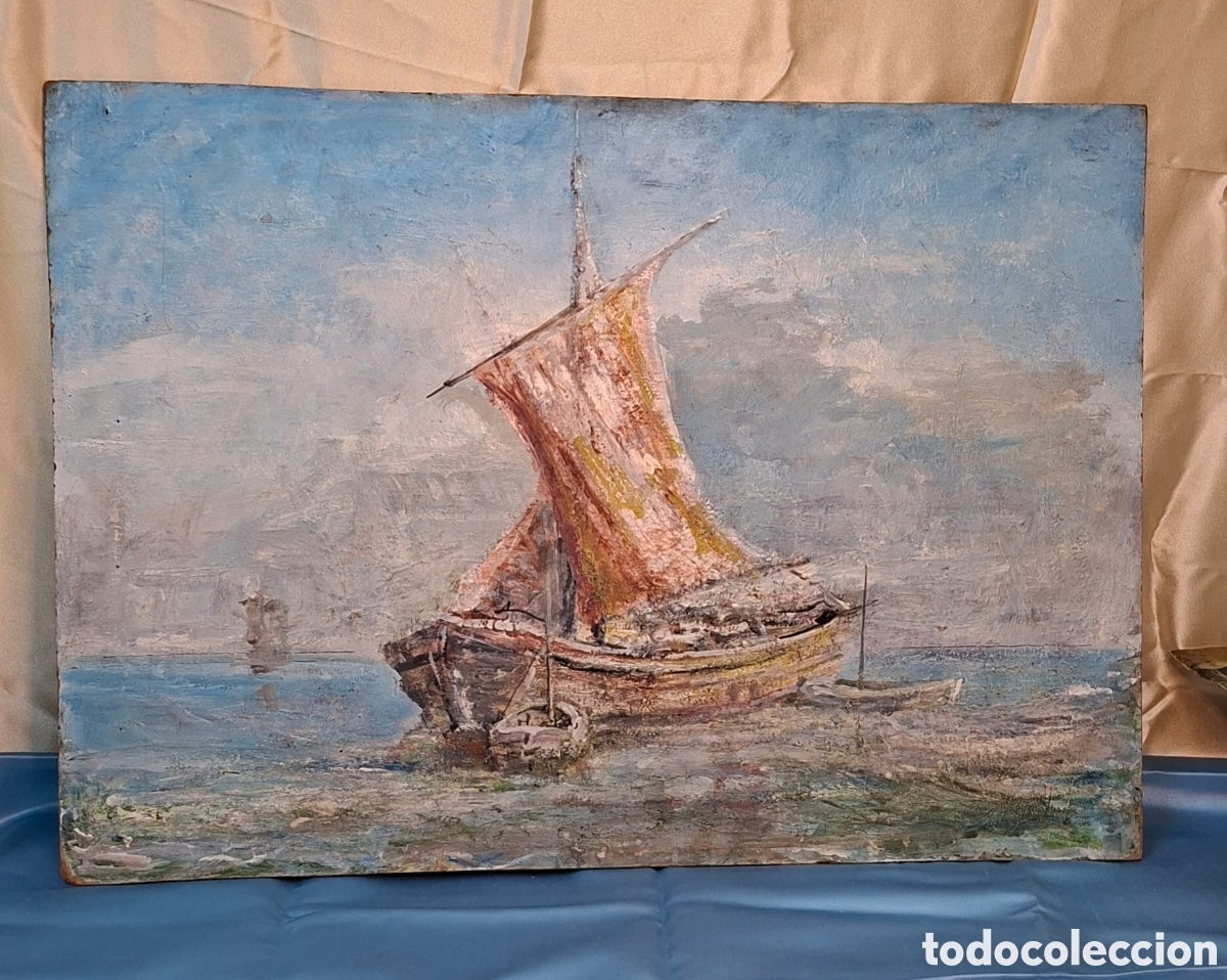 Arte: &Oacute;leo sobre tabla S.XIX Barco - Foto 1