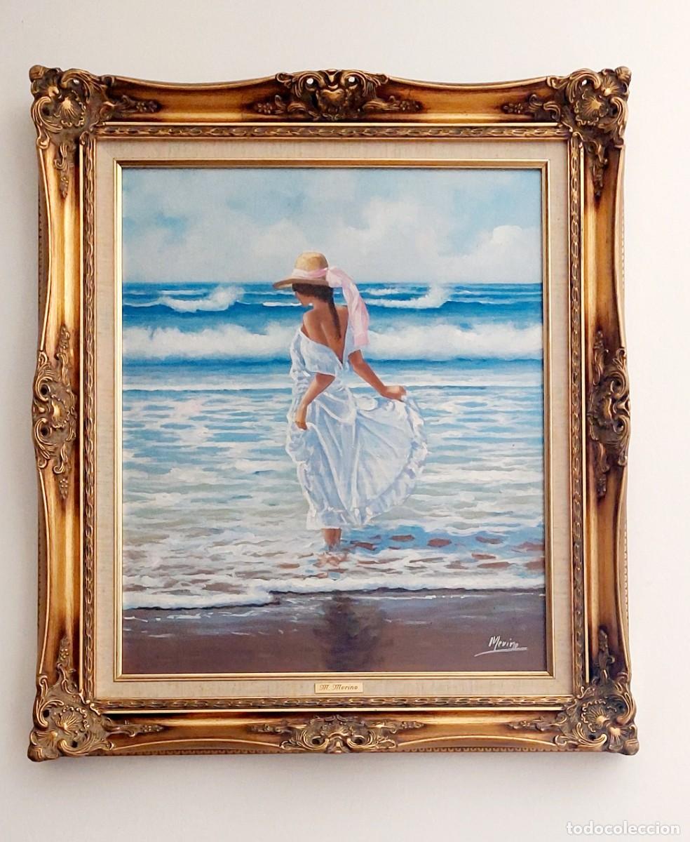 Arte: Oleo sobre Lienzo -Escena Costera&rdquo;Dama en la playa&rdquo;- Firmado M.Merino-Marco Dorado Orlado.