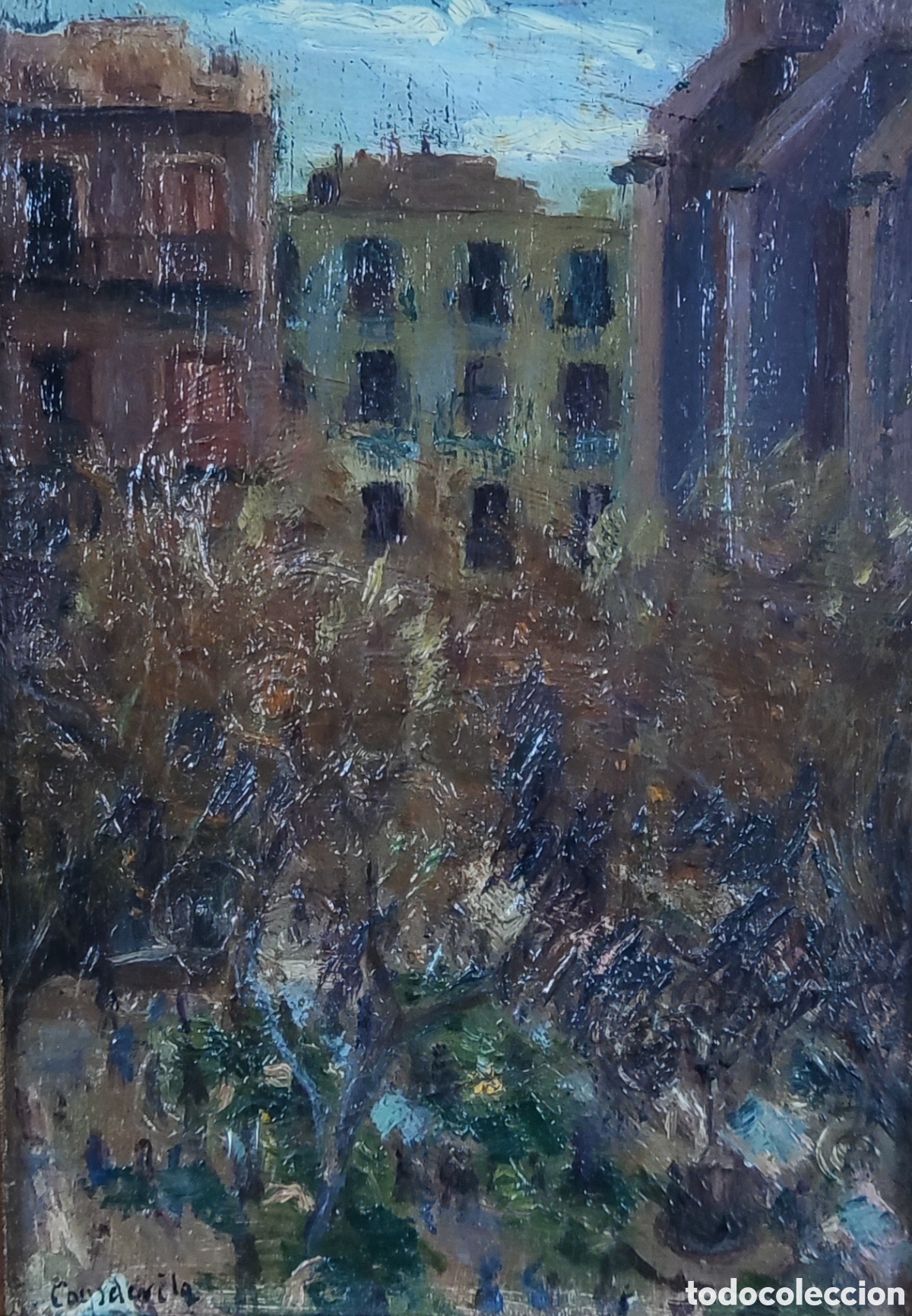 Arte: Carles Capdevila Recasens. Pintura catalana. &Oacute;leo sobre lienzo. Paisaje Urbano. Barcelona.