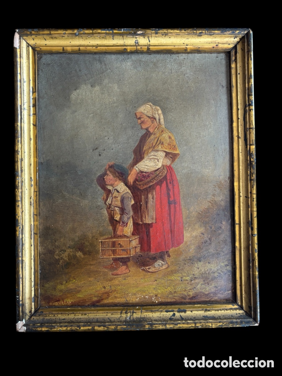 Arte: Cuadro tabla Mujer con Ninos. Siglo XIX.