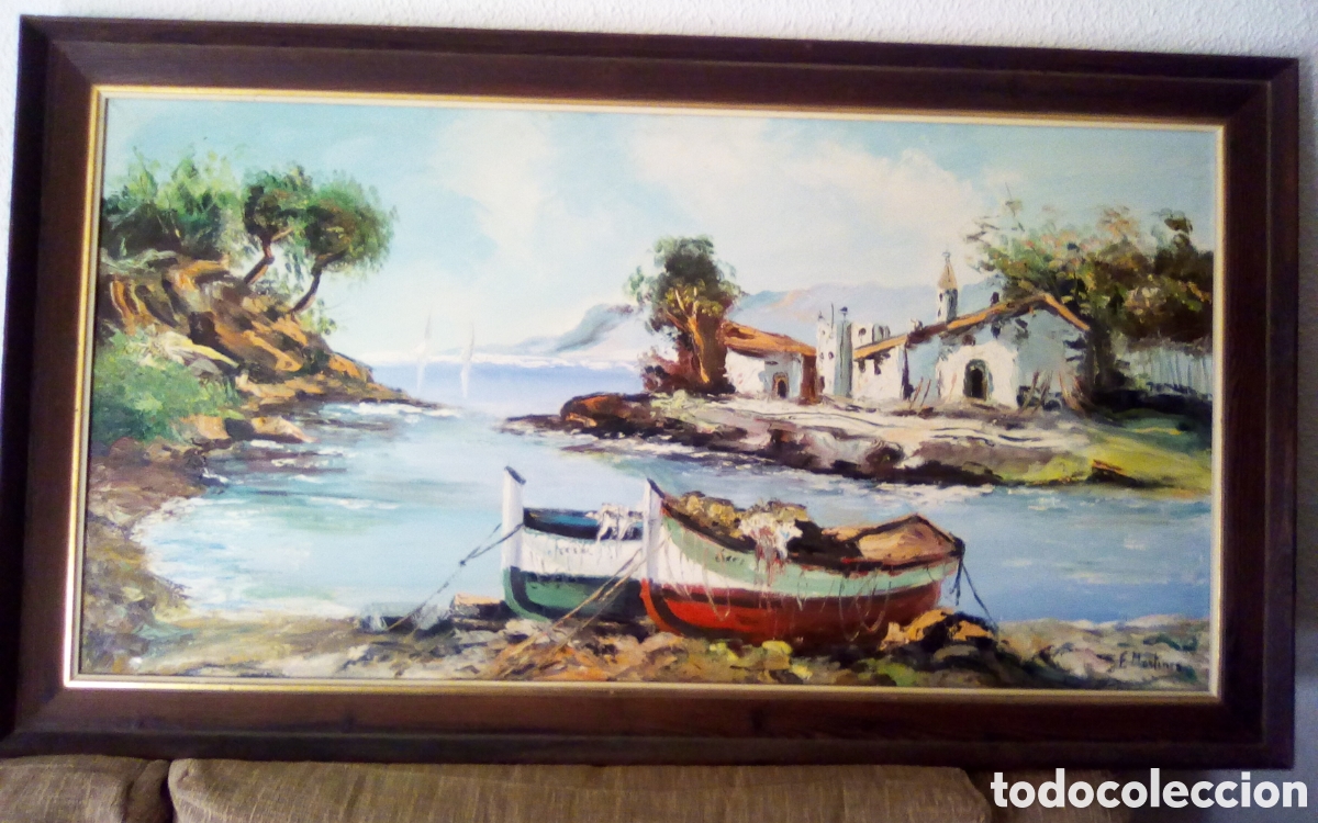 Arte: Cuadro al &oacute;leo. Paisaje con barcas de pesca. Firma. F. Mart&iacute;nez. Mide el lienzo 122 x 63 cm.