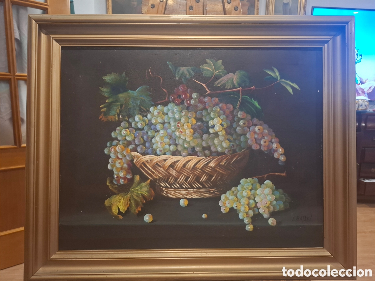 Arte: Oleo sobre lienzo, bidegon canasto de uvas. Medidas: 78x63cm