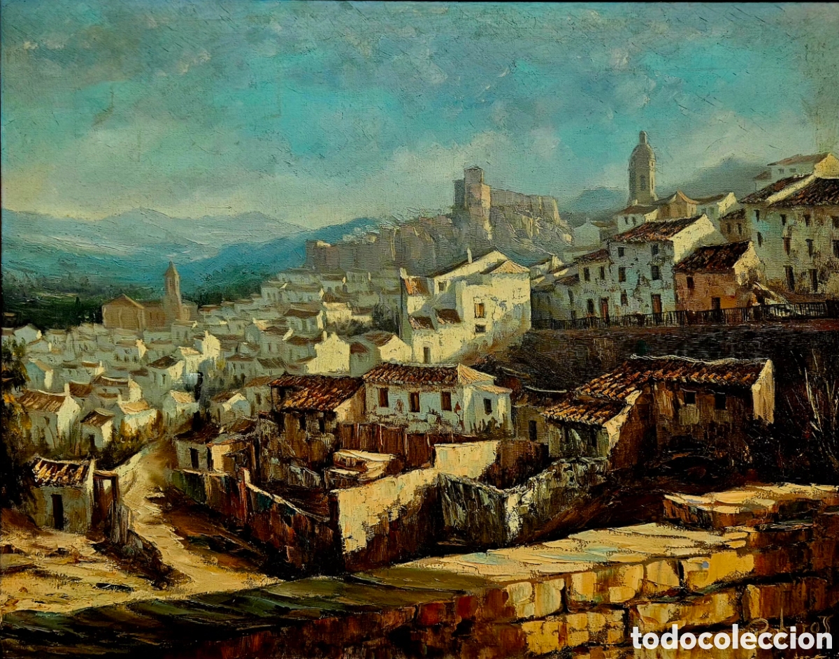 Arte: Manuel Cuberos (Loja, Granada 1933) magnifica pintura vista de Loja, firmada.