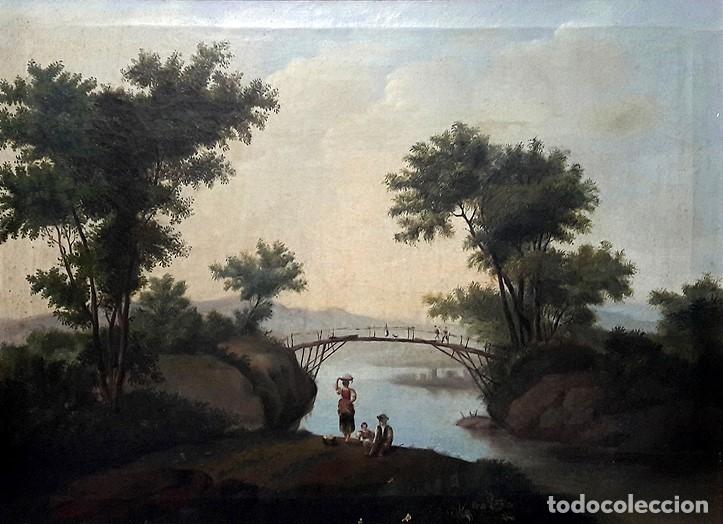 Arte: SIGLO XIX-CUADRO-OLEO LIENZO-ESCENA EN UN PAISAJE FLUVIAL-MARCO DE MADERA TALLADA Y DORADA