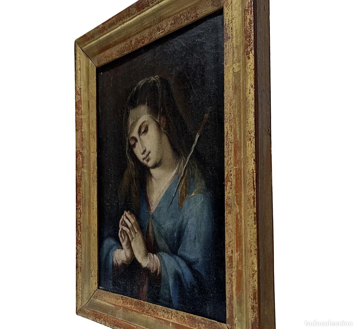 Arte: SIGLO XVII-XVIII-&Oacute;LEO SOBRE LIENZO-DOLOROSA CON DAGA FLAM&Iacute;GERA- VIRGEN DE LOS DOLORES-MARCO ORO