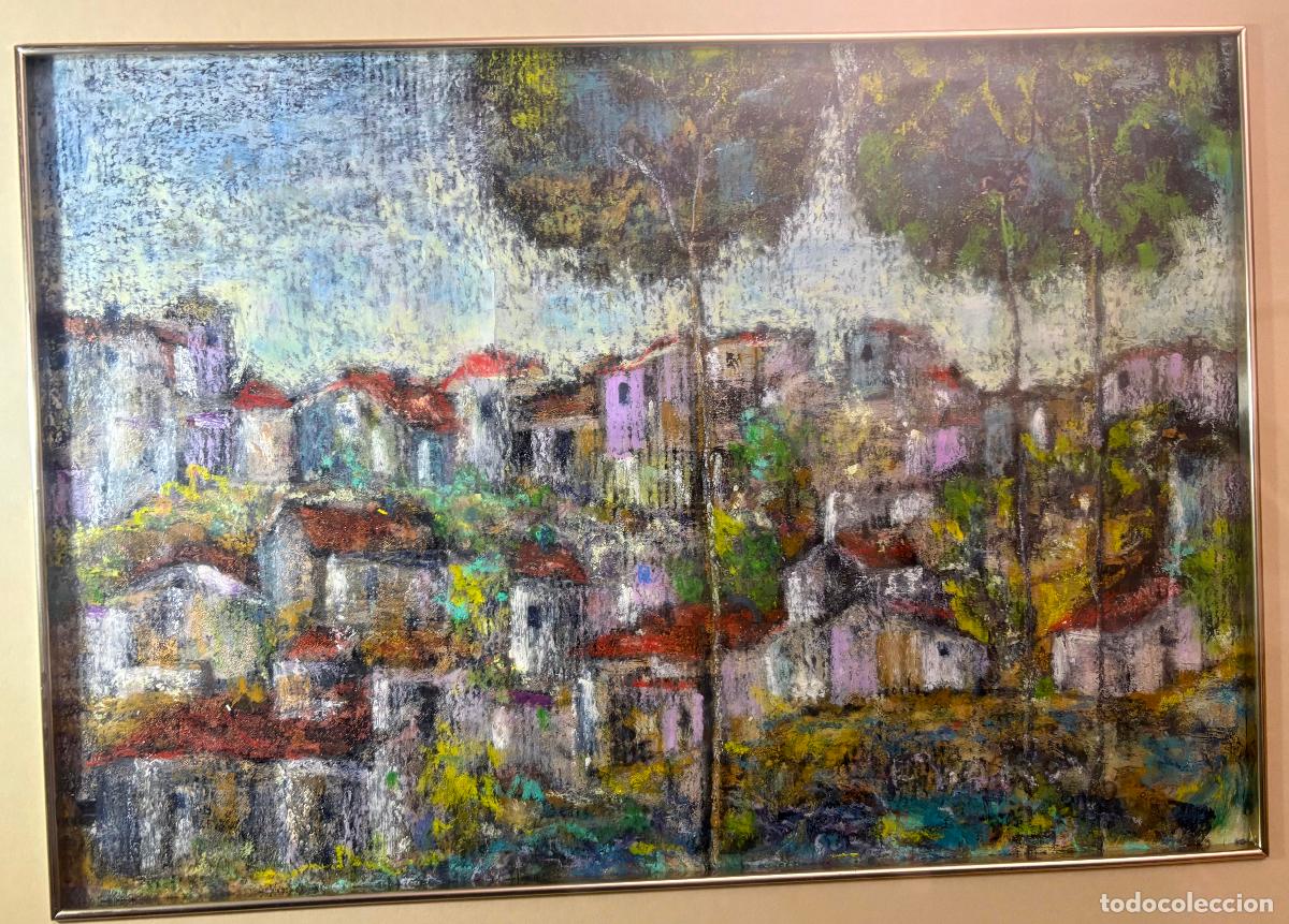 Arte: Paisaje, con casas de colores, firma ilegible.