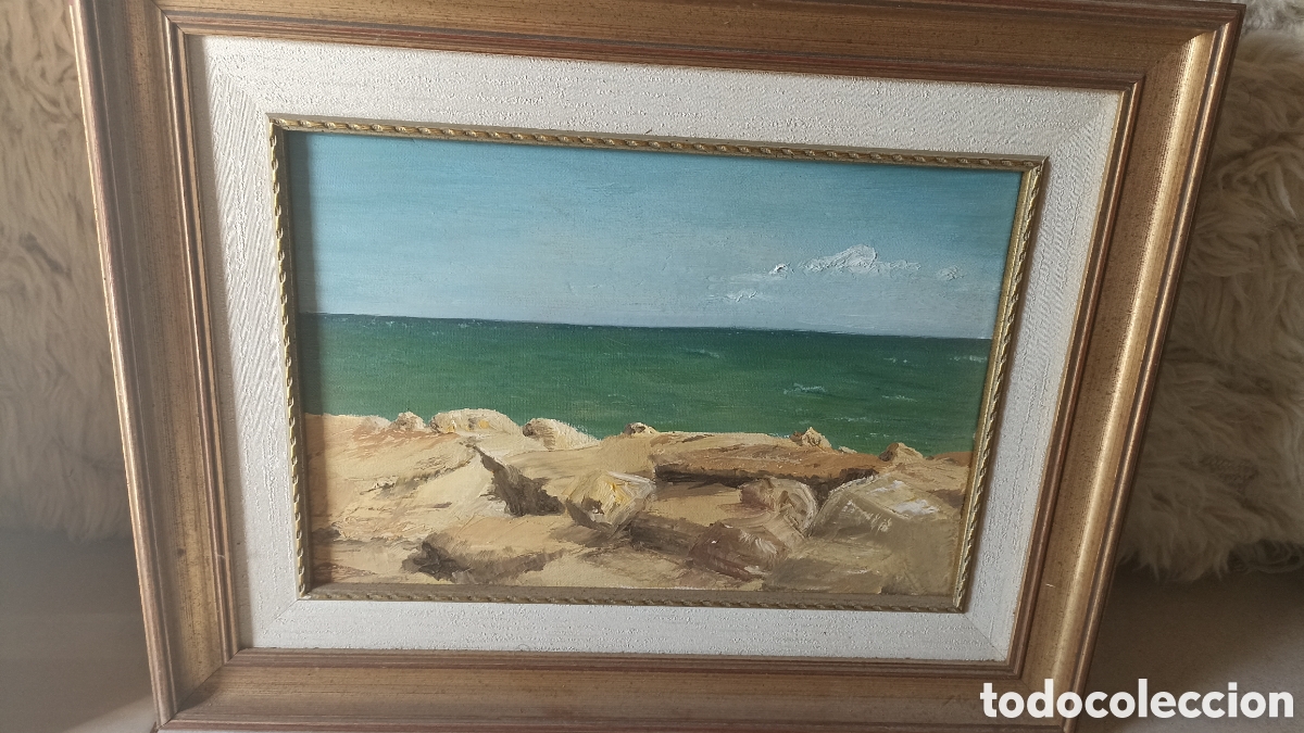 Arte: Cuadro al &oacute;leo - Paisaje costero mediterr&aacute;neo con marco cl&aacute;sico