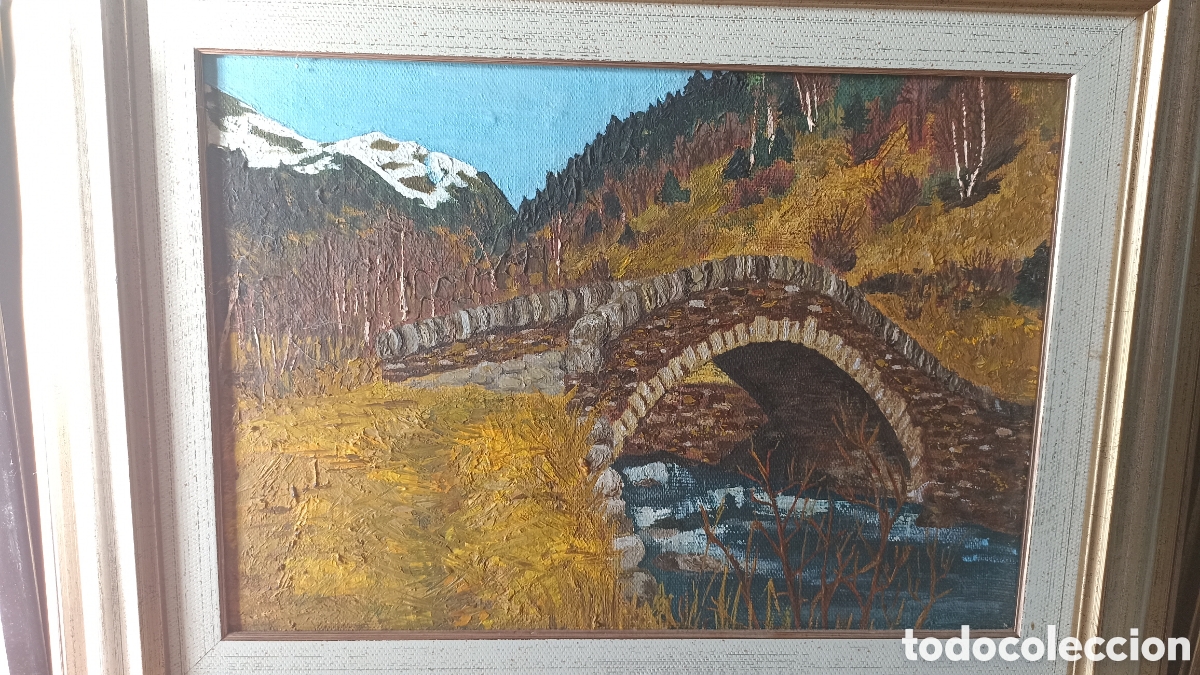 Arte: Cuadro al &oacute;leo &ndash; Paisaje de monta&ntilde;a con puente de piedra