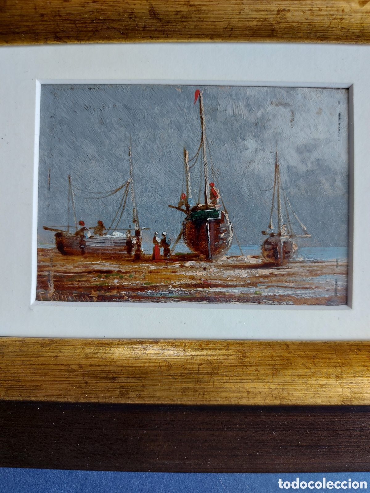 Arte: &rdquo;LAS BARCAS DE PESCADORES EN LA PLAYA&rdquo; OLEO MINIATURA EPOCA