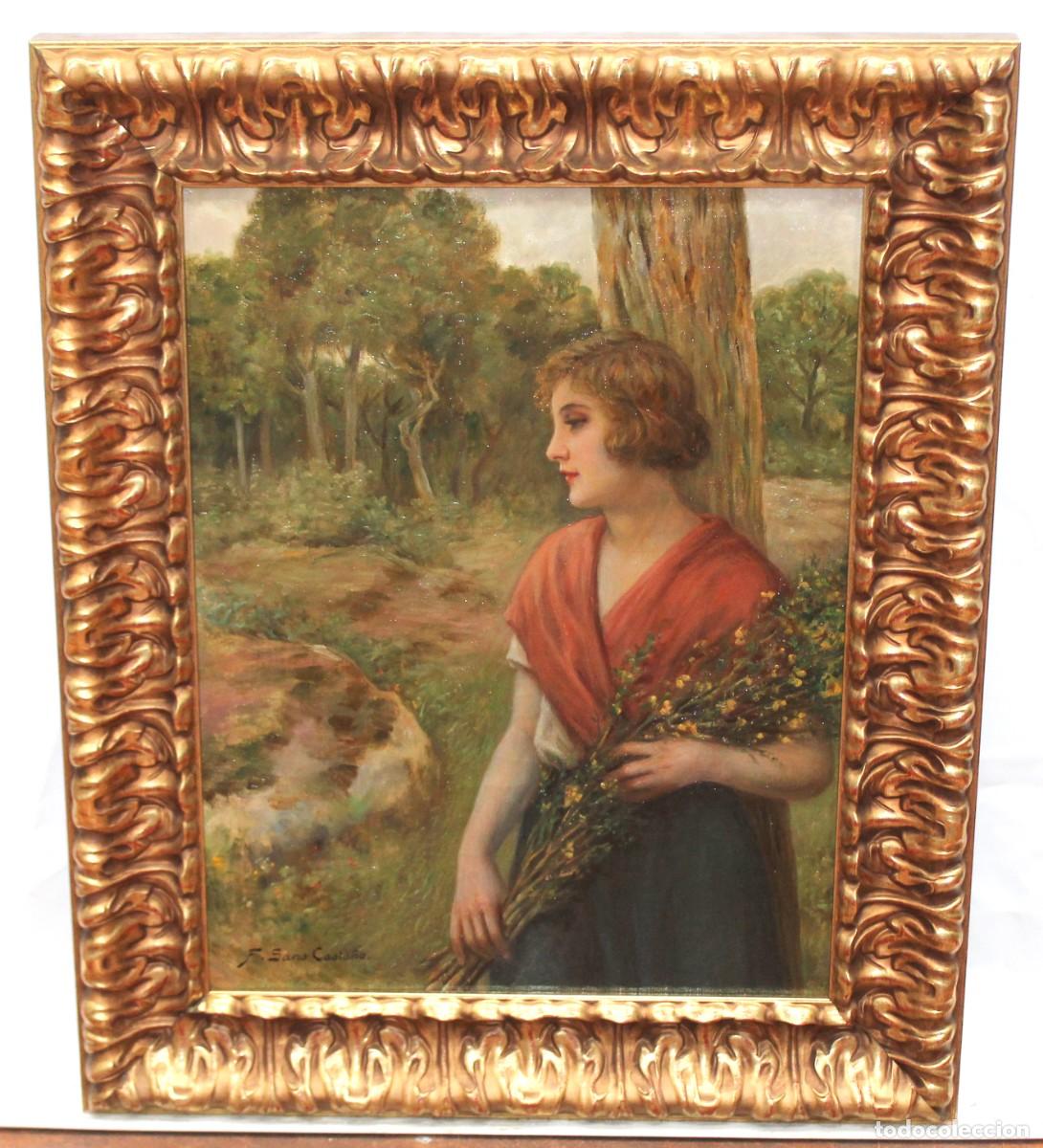 Arte: FRANCISCO SANS CASTA&Ntilde;O (1868 - 1937) OLEO SOBRE TELA. MUJER CON RAMO DE FLORES