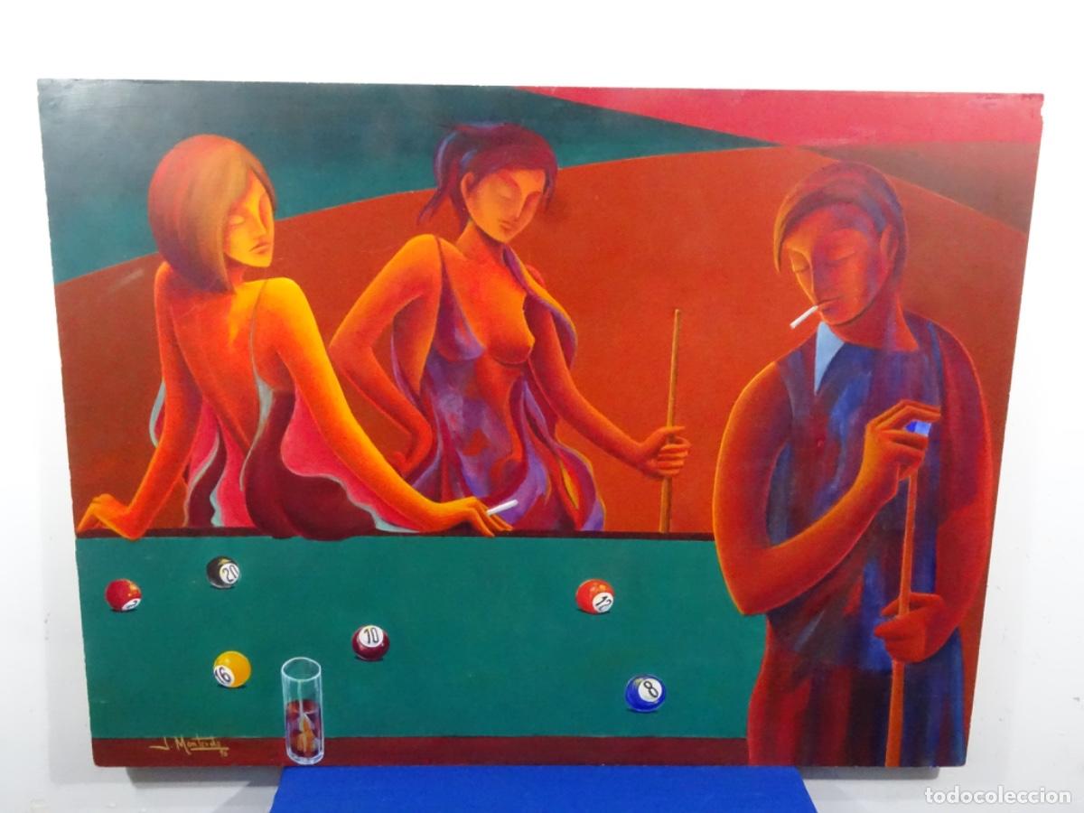 Arte: GRAN TECNICA MIXTA SOBRE TABLA FIRMADO J. MONTERDE 96. &ldquo;LA PARTIDA DE BILLAR&rdquo;.