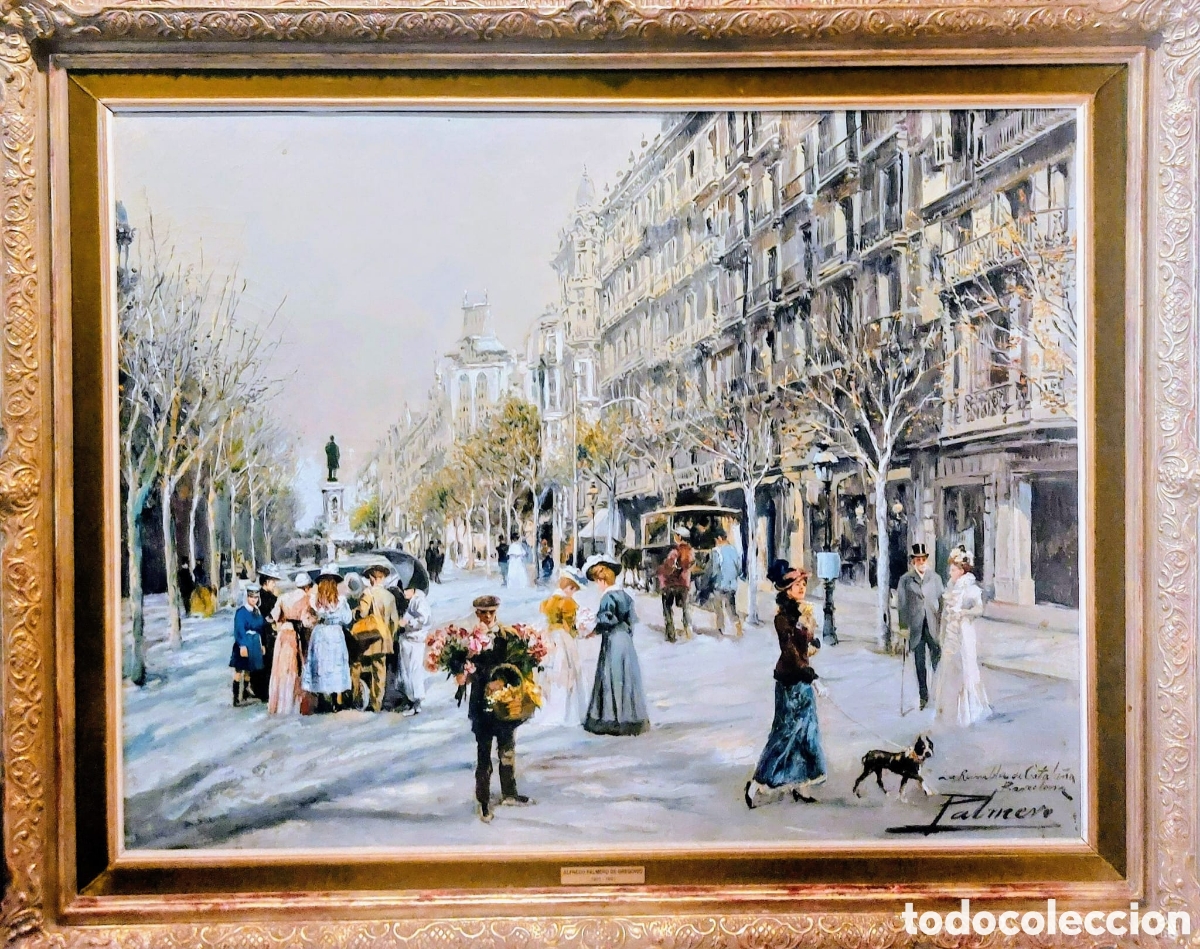 Arte: PALMERO ALFREDO EL MAESTRO OLEO GRANDE PERFECTO 110X88 LA RAMBLA CATALUNYA BARCELONA PERFECTO