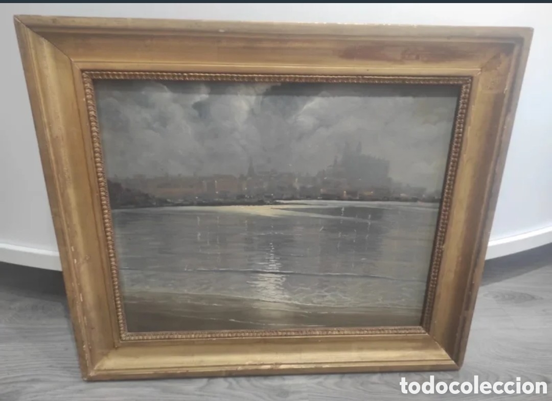 Arte: &Oacute;leo sobre lienzo - Manuel Ram&iacute;rez S&aacute;nchez (1886-1961) - Marina / Paisaje Costero - Marco Dorado