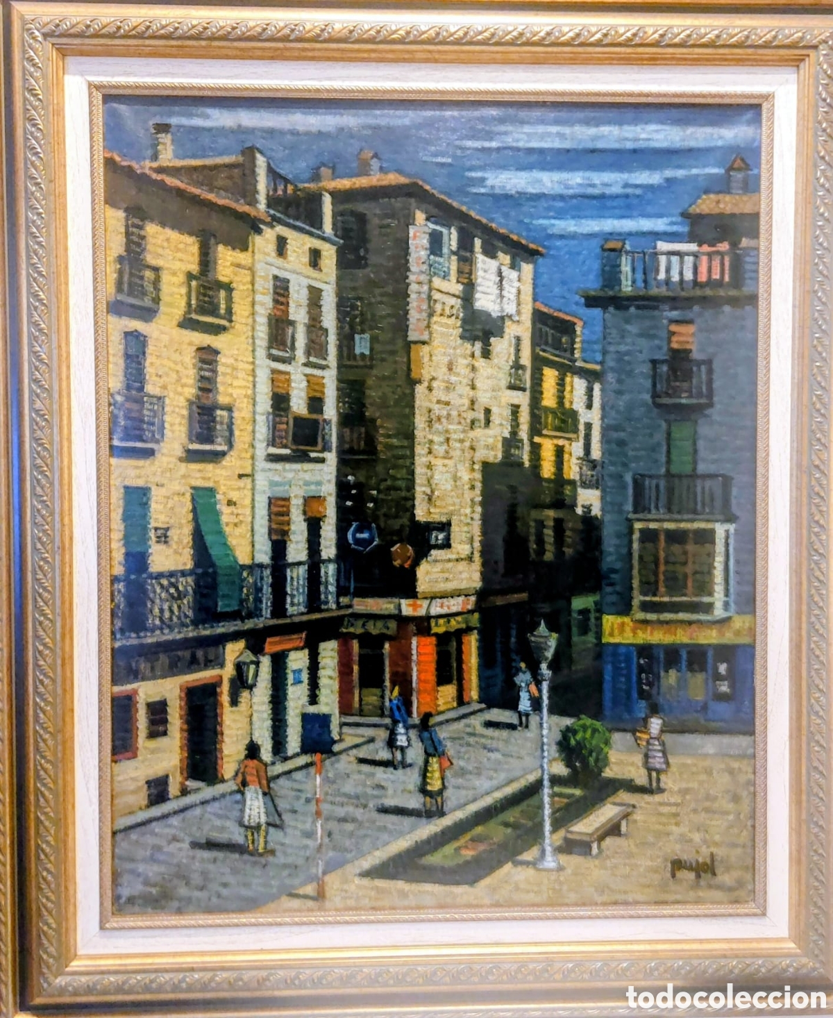 Arte: PUJOL.JOSEP RIPOLL OLEO TELA PERFECTO 81X65 MAS MARCO TEMA URBANO PLAZA DE OLOT