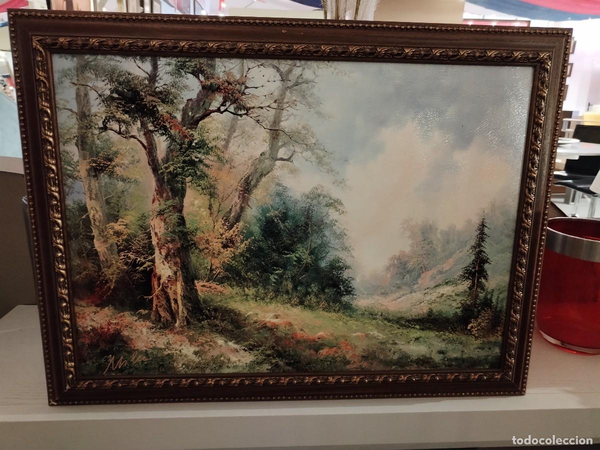 Art: Cuadro paisajista de bosque con marco de madera