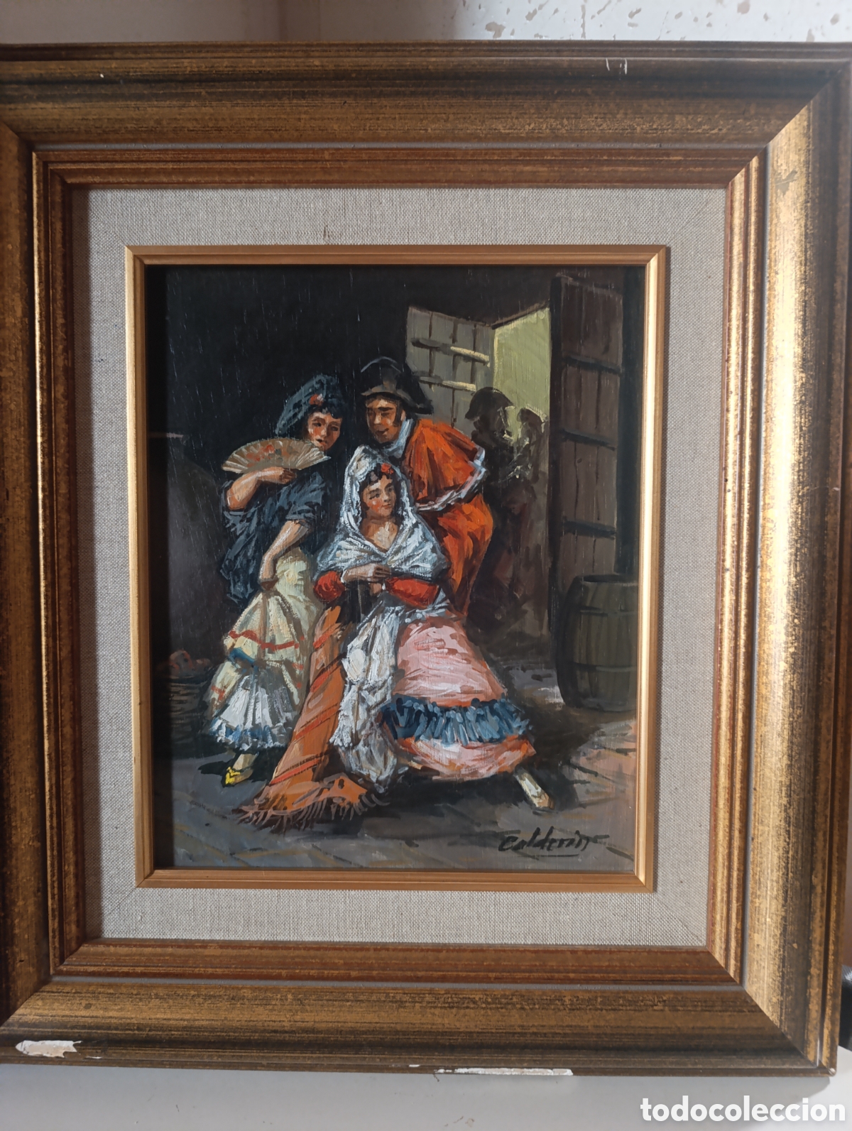 Art: Cuadro Original Calder&iacute;n - Escena Flamenca con Abanico y Mant&oacute;n - &Oacute;leo sobre tabla 22,5x27,5 cm