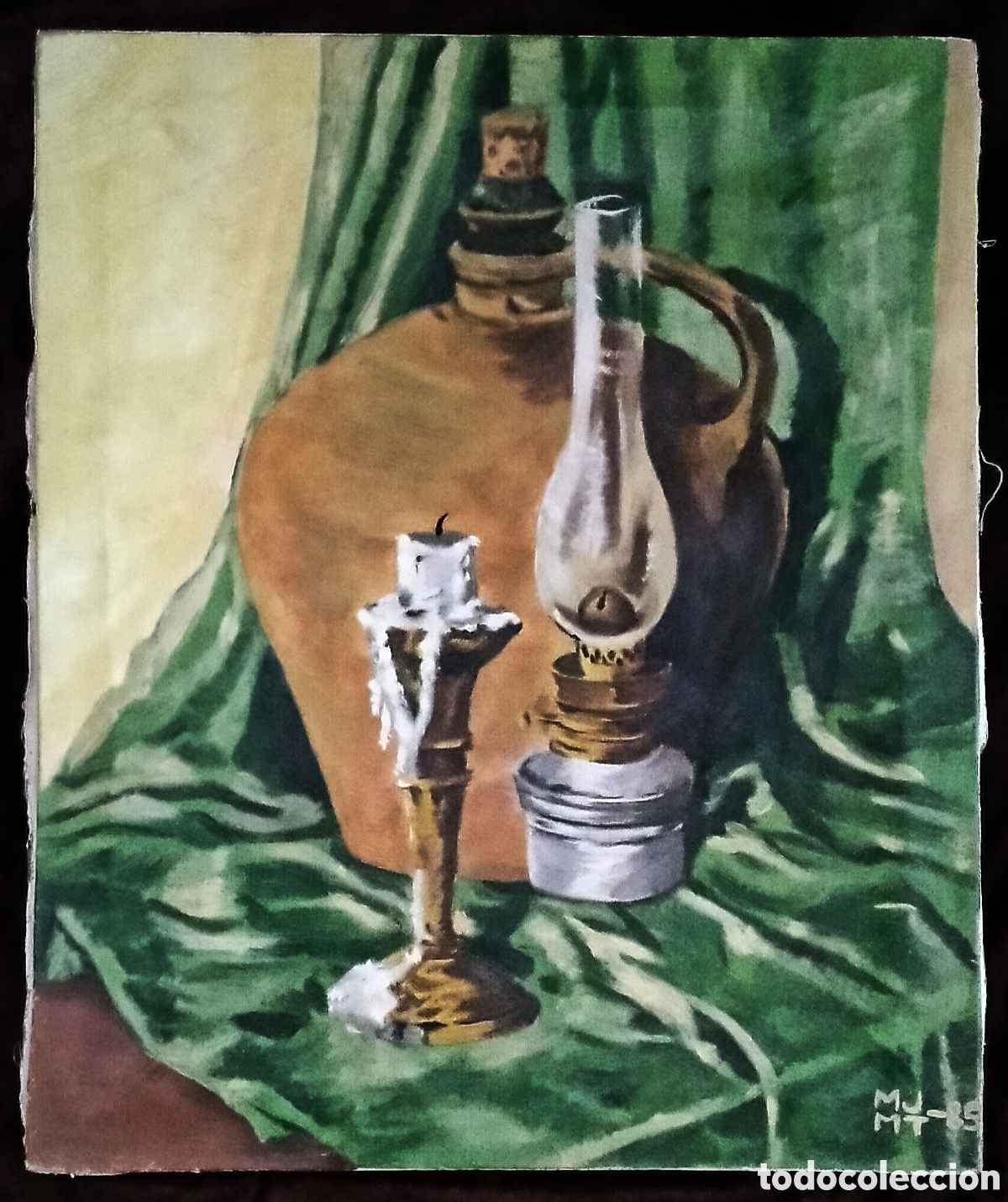 Kunst: &Oacute;LEO s. LIENZO / (REALISMO). * BODEG&Oacute;N CON PORTA VELA, L&Aacute;MPARA Y TINAJA *. FDO.: MJ MT. A&ntilde;o 1985