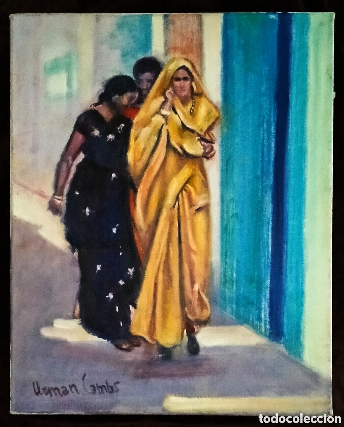 Art: &Oacute;LEO s. LIENZO (Lino) / (POSTIMPRESIONISMO)*TRES MUJERES PASEANDO*. FDO.: URMAN CAMPS. PRECIOSA OBRA