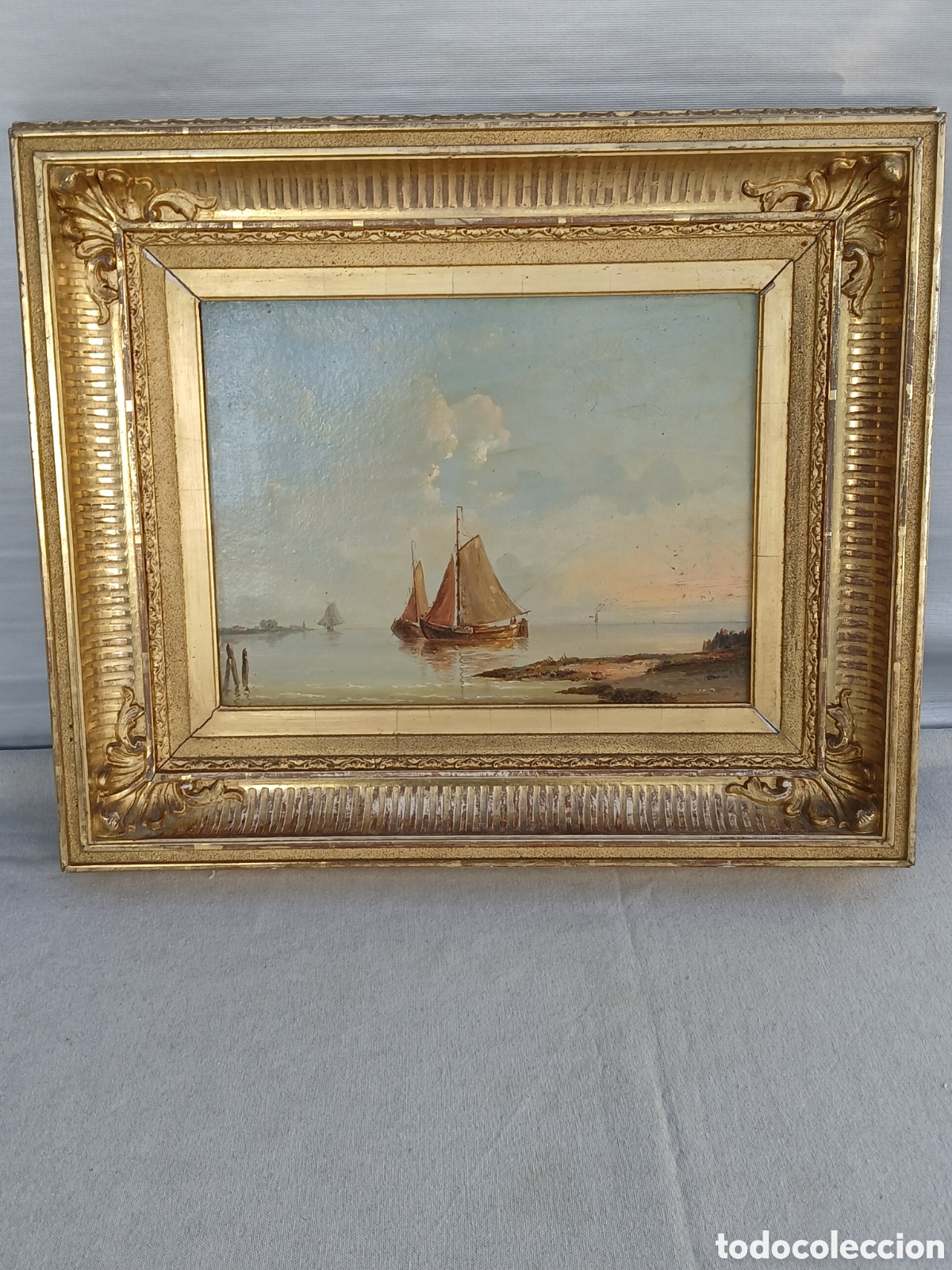 Arte: Johan Rudolf Buhlmann(1802-1890). Marina. &Oacute;leo sobre tabla marco madera estucada dorado oro viejo