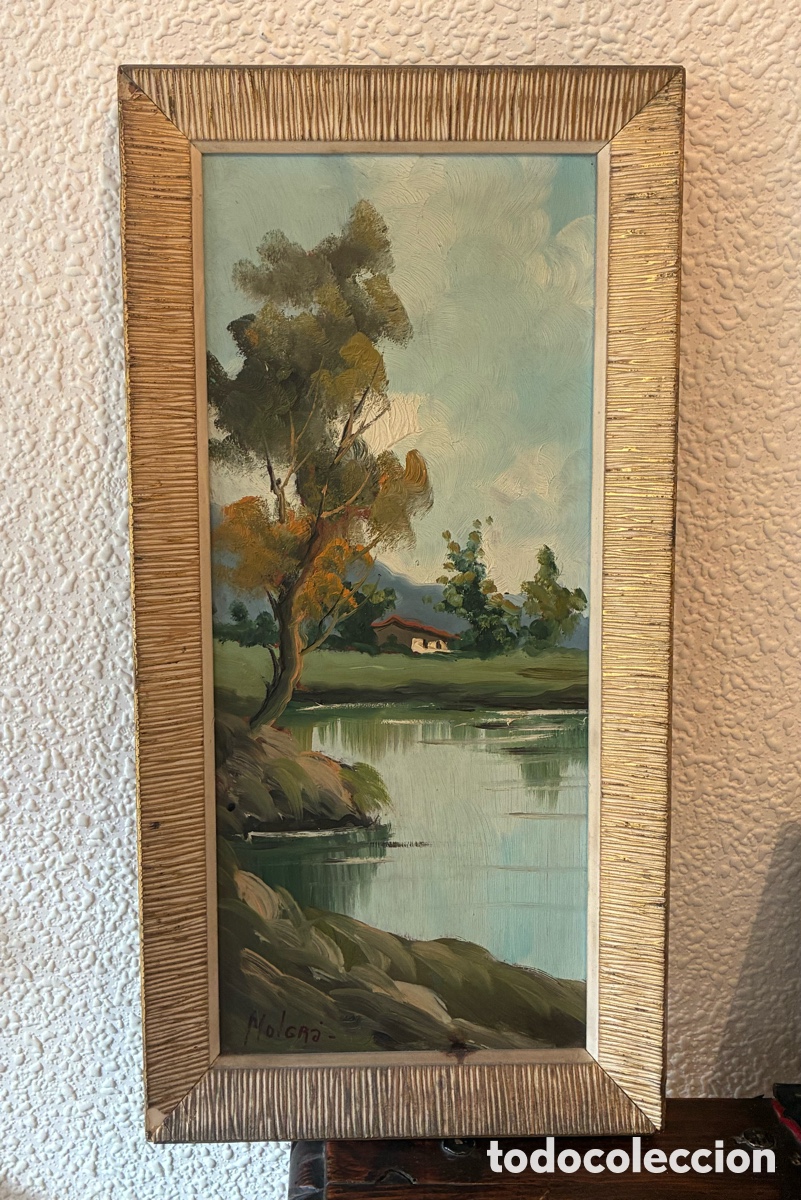Arte: CUADRO AL &Oacute;LEO VINTAGE . PINTOR MOLGRA. PSISAJE LAGO
