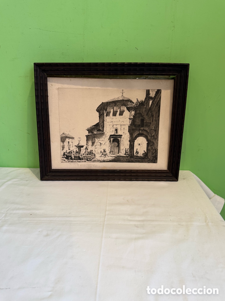 Arte: Lionel Lindsay grabado titulado The Zocodover Gate Toledo 1926 firmado a l&aacute;piz