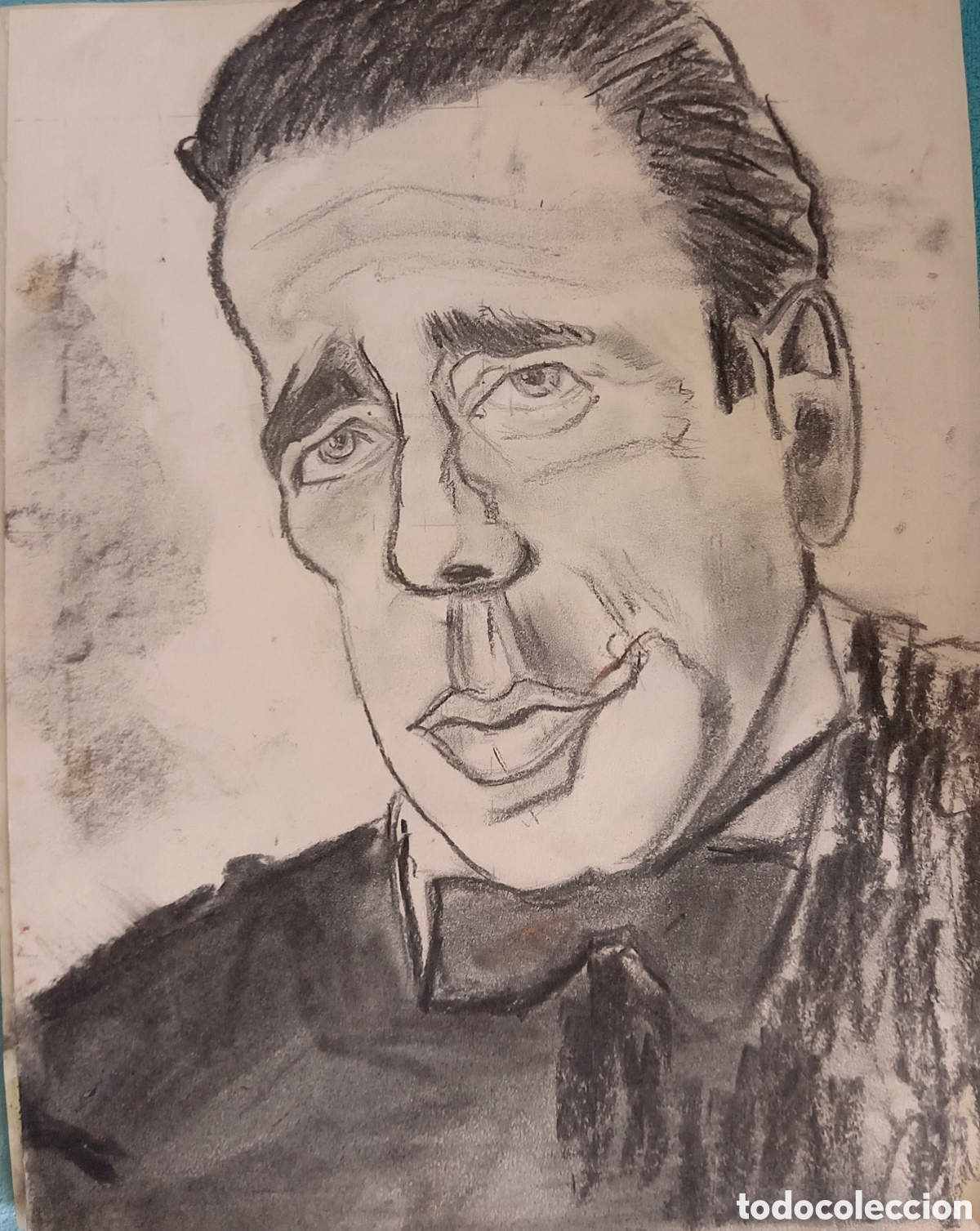Arte: Original pintura a carboncillo (3) sobre papel doble retrato Humphrey Bogart 36cmx27,7cm.. Muy bonit