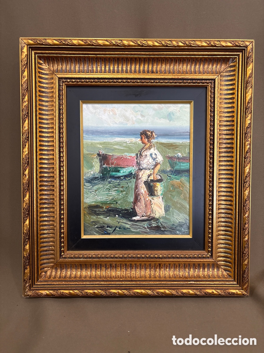 Arte: Cuadro,Pintura sobre cobre,firma SAN JUAN,escena mujer en la playa,tipo sorolla*ver fotos*