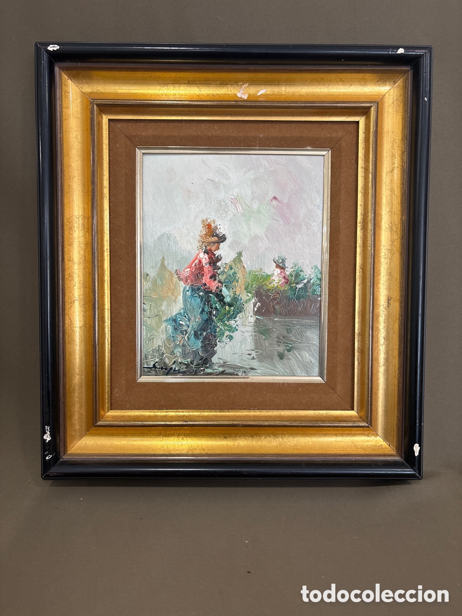 Arte: Cuadro,pintura sobre cobre,firma SAN JUAN,paisaje mujeres en la barraca*ver fotos*tipo sorolla