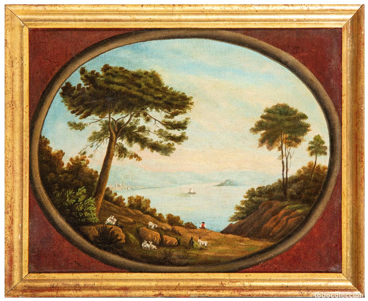 Arte: Paisaje id&iacute;lico &oacute;leo sobre lienzo escuela espa&ntilde;ola del siglo XIX