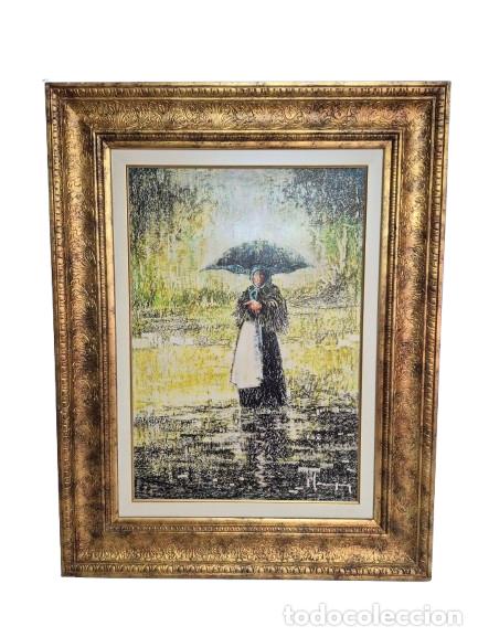 Arte: Pere Plana Puig (1927-2009) - &Oacute;leo sobre Tablex - Retrato de Se&ntilde;ora con Paraguas