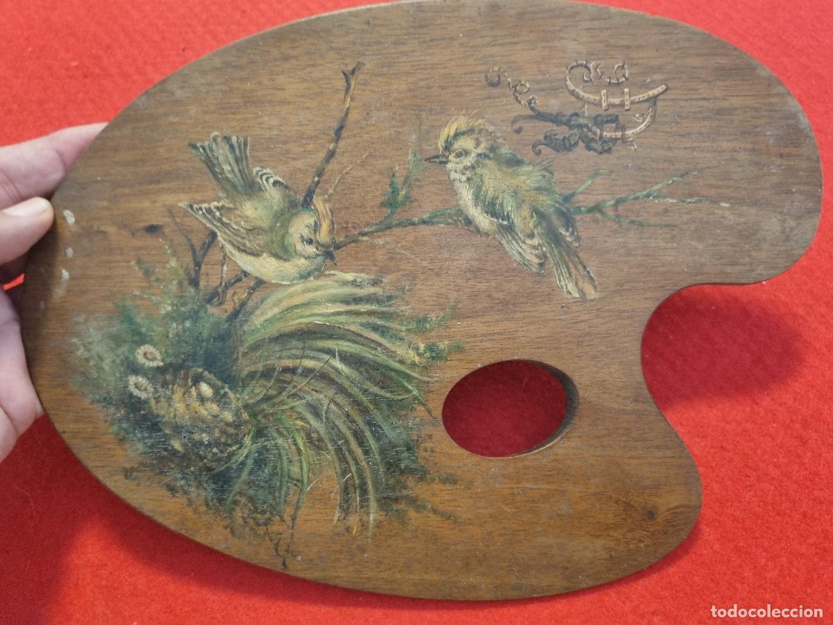 Arte: PALETA DE PINTOR CON PINTURA DE PAJAROS Y NIDO ORIGINAL ANTIGUA MIDE 21 X 29 CM.