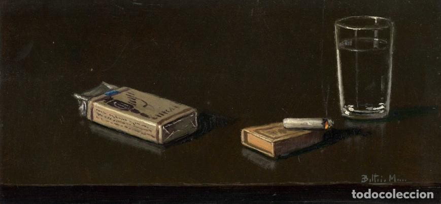 Arte: Oleo sobre tabla, bodegon de caja de cigarro y vaso de agua &mdash; &oacute;leo sobre lienzo de Enric Beltran Mes