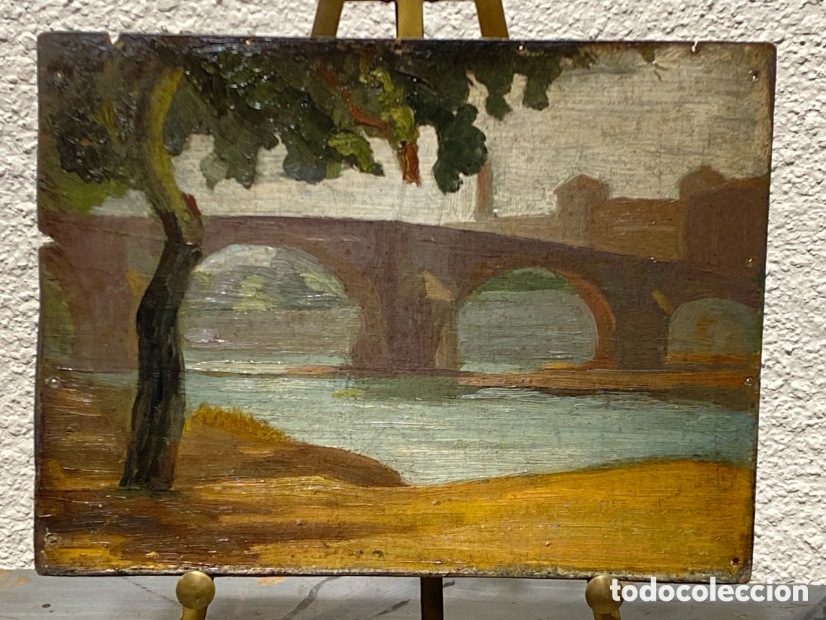 Arte: Zaragoza Puente de Piedra oleo sobre cart&oacute;n