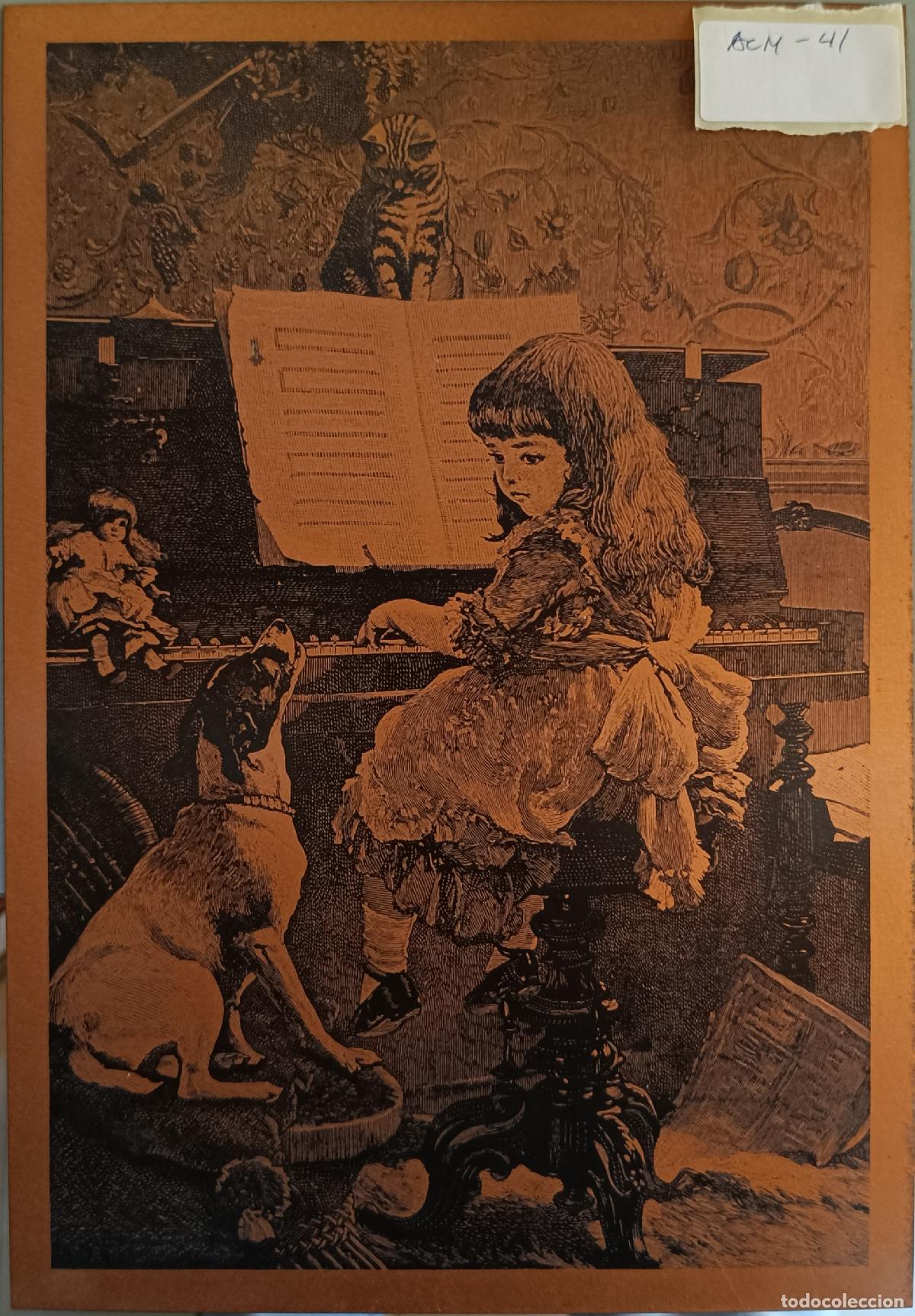 Arte: Anonimo - Grabado antiguo de mujer en interior - Plancha de imprenta antigua